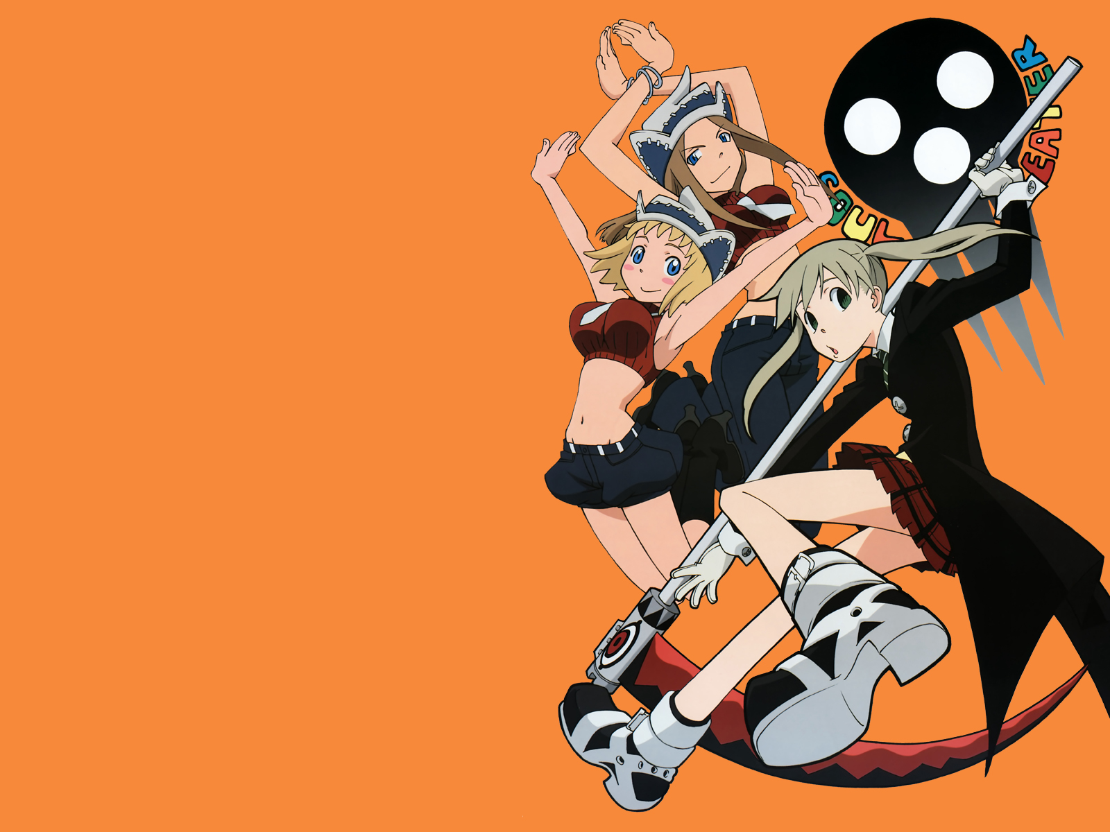 komori kaori, death the kid, elizabeth thompson, maka albarn, patricia thompson, soul eater, platform footwear, silver hair, highres, official art, official wallpaper, 00s, 3girls, :o, ankle boots, arm up, armpits, arms up, bare shoulders, belt, blonde hair, blue eyes, blush stickers, boots, bracelet, breasts, brown hair, buckle, buttons, coat, copyright name, crop top, crossed arms, denim, denim shorts, flat chest, floating hair, foreshortening, gloves, green eyes, hat, high heels, holding, jeans, jewelry, jumping, knee boots, large breasts, leg lift, liz thompson, long coat, long hair, long sleeves, looking at viewer, looking back, midriff, miniskirt, multiple girls, necktie, open mouth, orange background, outstretched arm, outstretched arms, over shoulder, pants, patty thompson, plaid clothes, plaid skirt, pleated skirt, profile, ribbed sweater, scythe, shoes, short hair, short shorts, shorts, siblings, sidelocks, simple background, sisters, skirt, skull, sleeve cuffs, sleeveless, sleeveless turtleneck, smile, stitches, sweater, turtleneck, twintails, weapon, weapon over shoulder, white gloves