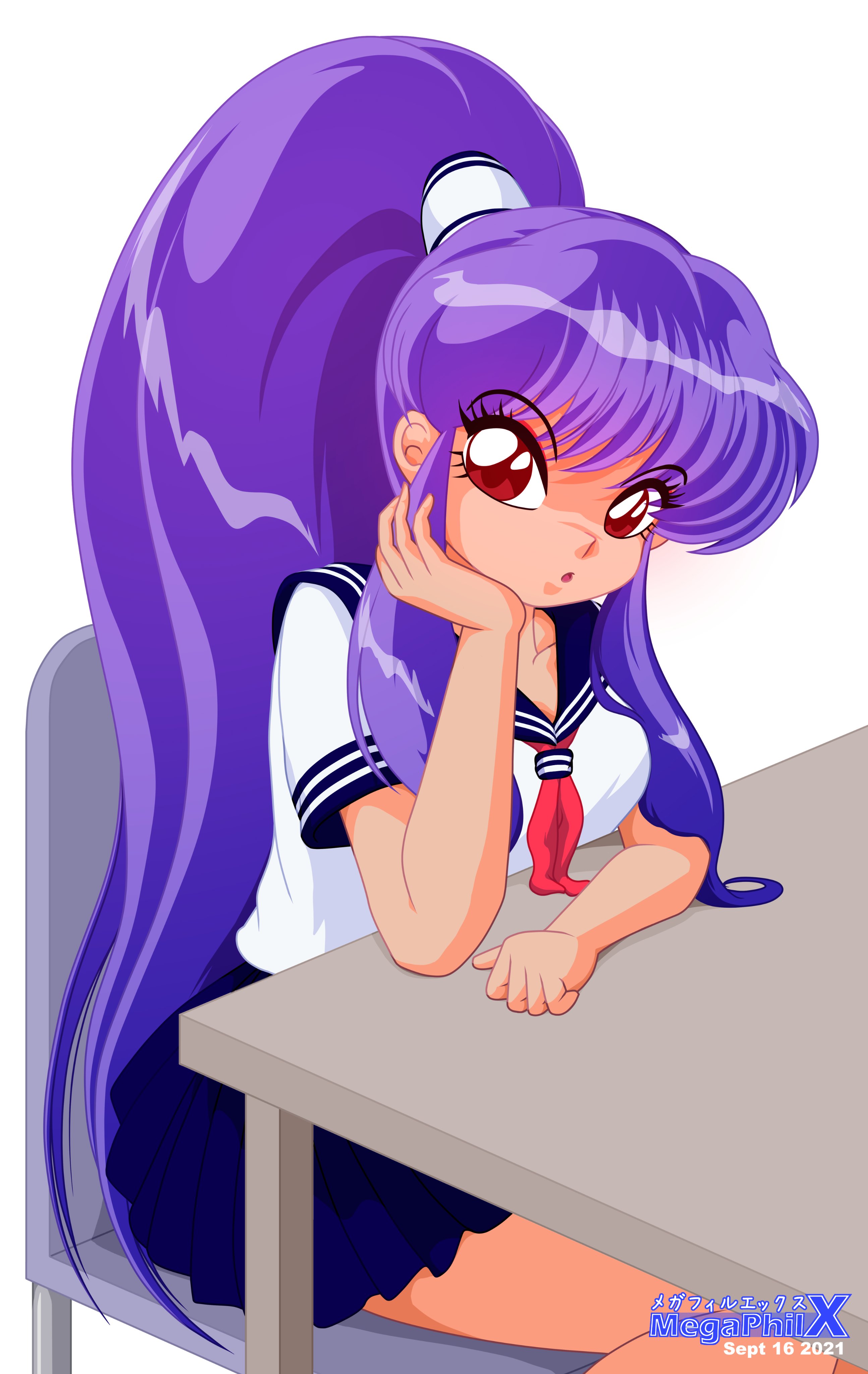 megaphilx, shampoo (ranma 1/2), 1girl, artist name, blue skirt, chair, head rest, long hair, looking at viewer, neckerchief, pleated skirt, ponytail, purple hair, red eyes, retro artstyle, sailor collar, school uniform, serafuku, short sleeves, sidelocks, sitting, skirt, solo, table, watermark