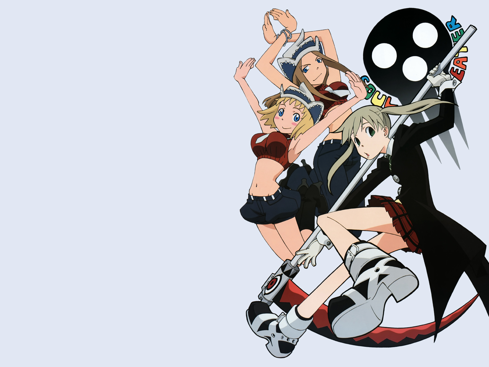 komori kaori, death the kid, elizabeth thompson, maka albarn, patricia thompson, soul eater, platform footwear, silver hair, highres, official art, official wallpaper, 00s, 3girls, :o, ankle boots, arm up, armpits, arms up, bare shoulders, belt, blonde hair, blue eyes, blush, blush stickers, boots, bracelet, breasts, brown hair, buckle, buttons, coat, copyright name, crop top, crossed arms, denim, denim shorts, flat chest, floating hair, foreshortening, gloves, green eyes, grey background, hat, high heels, holding, jeans, jewelry, jumping, knee boots, large breasts, leg lift, liz thompson, long coat, long hair, long sleeves, looking at viewer, looking back, midriff, miniskirt, multiple girls, necktie, open mouth, outstretched arm, outstretched arms, over shoulder, pants, patty thompson, plaid clothes, plaid skirt, pleated skirt, profile, ribbed sweater, scythe, shoes, short hair, short shorts, shorts, siblings, sidelocks, simple background, sisters, skirt, skull, sleeve cuffs, sleeveless, sleeveless turtleneck, smile, stitches, sweater, turtleneck, twintails, weapon, weapon over shoulder, white gloves