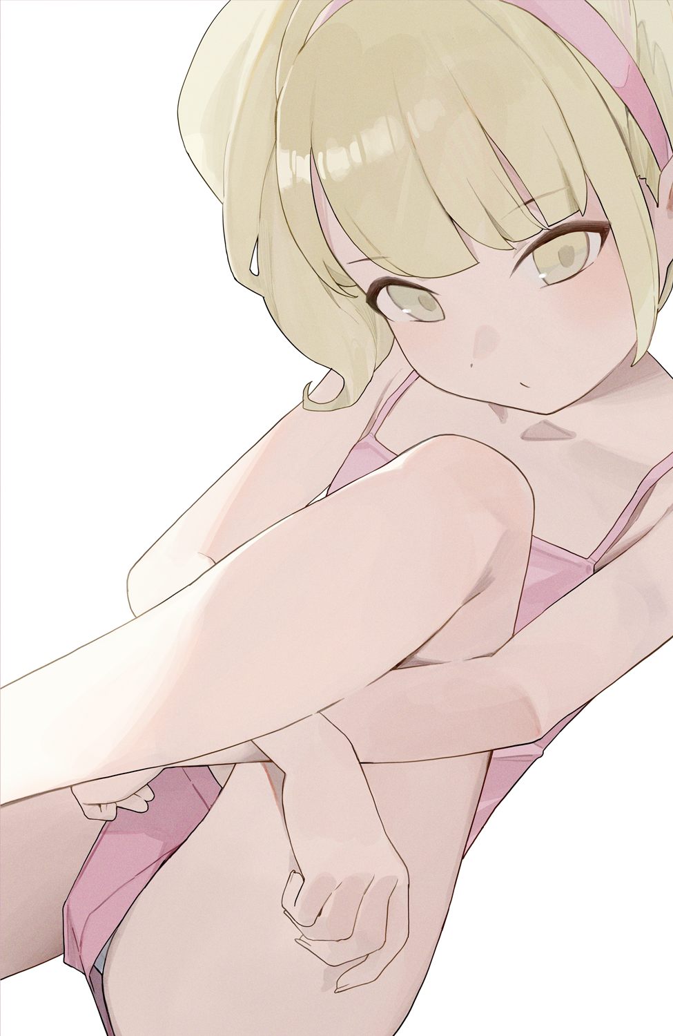 hiroki (yyqw7151), original, commentary, highres, 1girl, blonde hair, blunt bangs, camisole, collarbone, hairband, looking at viewer, panties, pink camisole, pink hairband, pink panties, simple background, solo, twintails, underwear, underwear only, white background, yellow eyes