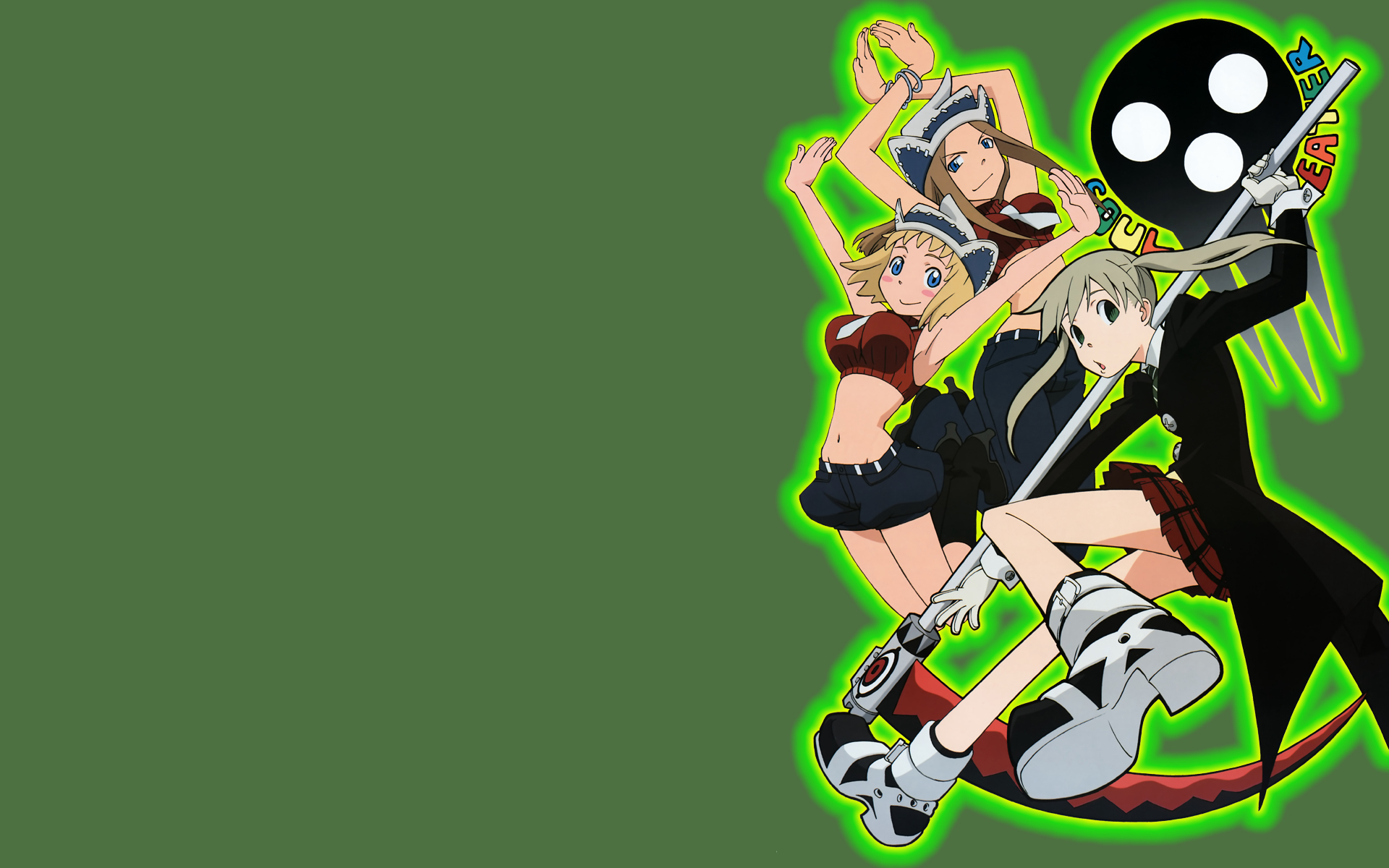 komori kaori, death the kid, elizabeth thompson, maka albarn, patricia thompson, soul eater, platform footwear, silver hair, highres, official art, official wallpaper, 00s, 3girls, :o, ankle boots, arm up, armpits, arms up, bare shoulders, belt, blonde hair, blue eyes, blush stickers, boots, bracelet, breasts, brown hair, buckle, buttons, coat, copyright name, crop top, crossed arms, denim, denim shorts, flat chest, floating hair, foreshortening, gloves, glowing, green background, green eyes, hat, high heels, holding, jeans, jewelry, jumping, knee boots, large breasts, leg lift, liz thompson, long coat, long hair, long sleeves, looking at viewer, looking back, midriff, miniskirt, multiple girls, necktie, open mouth, outline, outstretched arm, outstretched arms, over shoulder, pants, patty thompson, plaid clothes, plaid skirt, pleated skirt, profile, ribbed sweater, scythe, shoes, short hair, short shorts, shorts, siblings, sidelocks, simple background, sisters, skirt, skull, sleeve cuffs, sleeveless, sleeveless turtleneck, smile, stitches, sweater, turtleneck, twintails, weapon, weapon over shoulder, white gloves