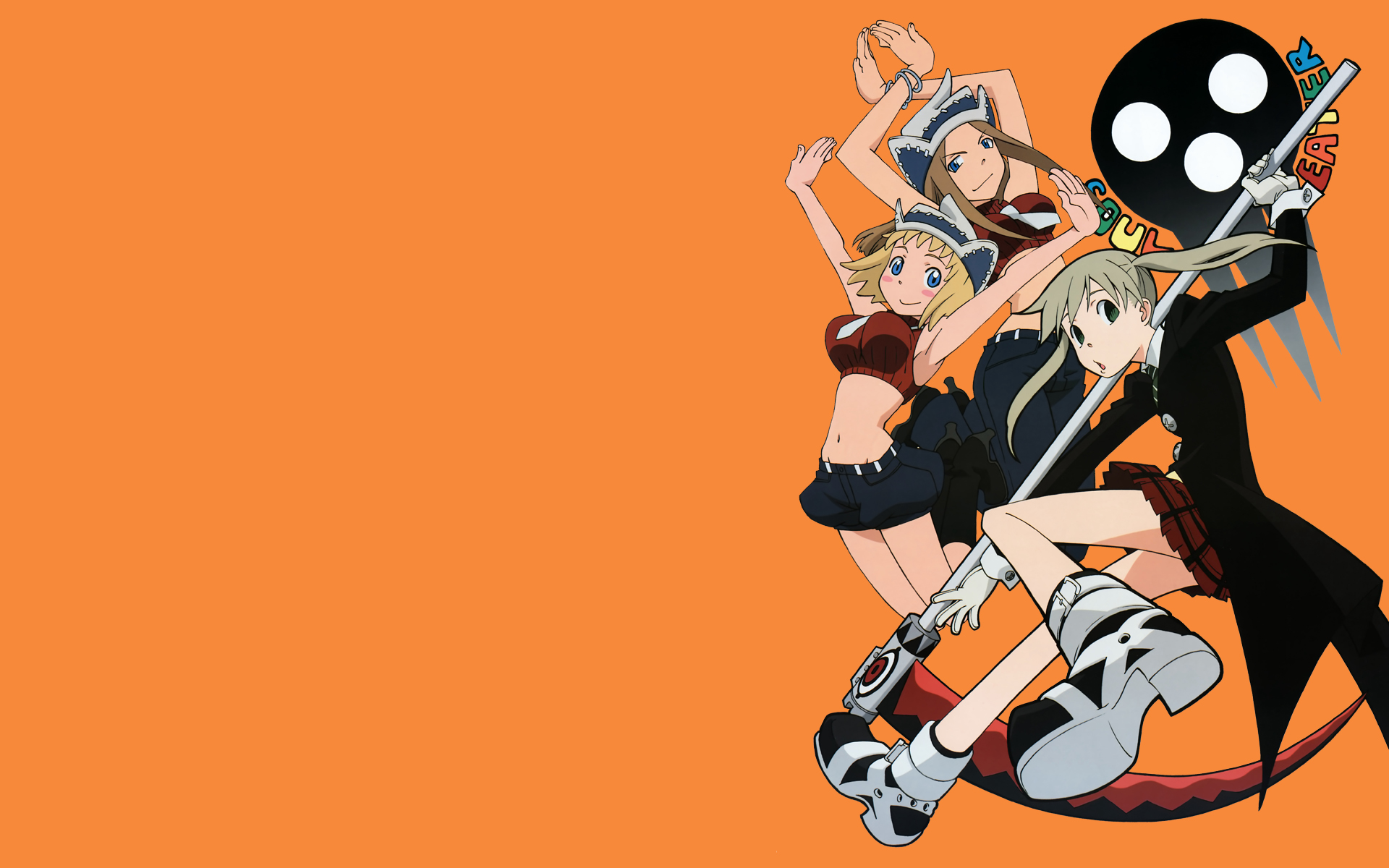 komori kaori, death the kid, elizabeth thompson, maka albarn, patricia thompson, soul eater, platform footwear, silver hair, highres, official art, official wallpaper, 00s, 3girls, :o, ankle boots, arm up, armpits, arms up, bare shoulders, belt, blonde hair, blue eyes, blush stickers, boots, bracelet, breasts, brown hair, buckle, buttons, coat, copyright name, crop top, crossed arms, denim, denim shorts, flat chest, floating hair, foreshortening, gloves, green eyes, hat, high heels, holding, jeans, jewelry, jumping, knee boots, large breasts, leg lift, liz thompson, long coat, long hair, long sleeves, looking at viewer, looking back, midriff, miniskirt, multiple girls, necktie, open mouth, orange background, outstretched arm, outstretched arms, over shoulder, pants, patty thompson, plaid clothes, plaid skirt, pleated skirt, profile, ribbed sweater, scythe, shoes, short hair, short shorts, shorts, siblings, sidelocks, simple background, sisters, skirt, skull, sleeve cuffs, sleeveless, sleeveless turtleneck, smile, stitches, sweater, turtleneck, twintails, weapon, weapon over shoulder, white gloves