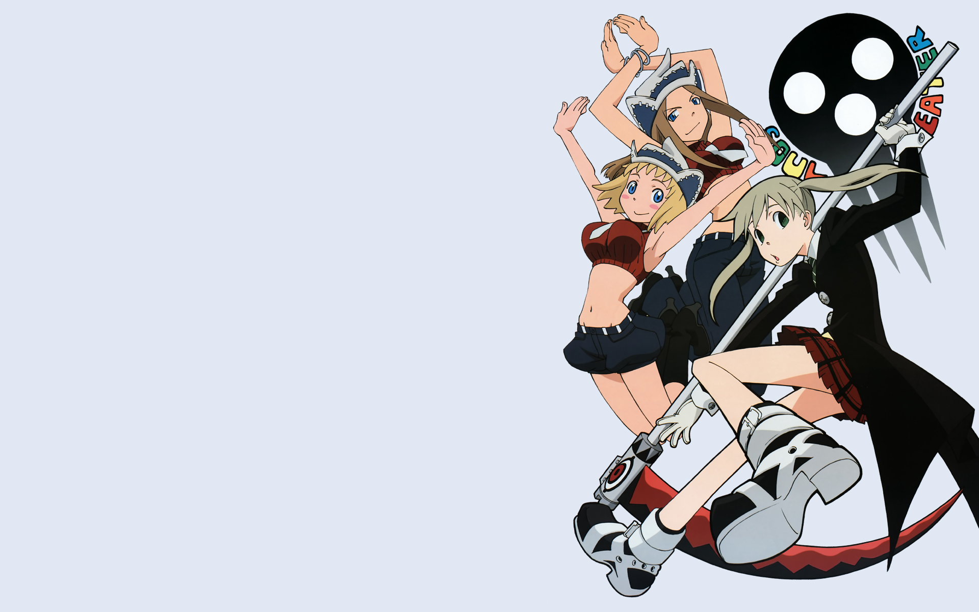 komori kaori, death the kid, elizabeth thompson, maka albarn, patricia thompson, soul eater, platform footwear, silver hair, highres, official art, official wallpaper, 00s, 3girls, :o, ankle boots, arm up, armpits, arms up, bare shoulders, belt, blonde hair, blue eyes, blush stickers, boots, bracelet, breasts, brown hair, buckle, buttons, coat, copyright name, crop top, crossed arms, denim, denim shorts, flat chest, floating hair, foreshortening, gloves, green eyes, grey background, hat, high heels, holding, jeans, jewelry, jumping, knee boots, large breasts, leg lift, liz thompson, long coat, long hair, long sleeves, looking at viewer, looking back, midriff, miniskirt, multiple girls, necktie, open mouth, outstretched arm, outstretched arms, over shoulder, pants, patty thompson, plaid clothes, plaid skirt, pleated skirt, profile, ribbed sweater, scythe, shoes, short hair, short shorts, shorts, siblings, sidelocks, simple background, sisters, skirt, skull, sleeve cuffs, sleeveless, sleeveless turtleneck, smile, stitches, sweater, turtleneck, twintails, weapon, weapon over shoulder, white gloves
