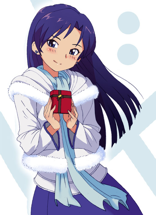 oku (okumen), okumen, kisaragi chihaya, idolmaster, idolmaster (classic), idolmaster 1, 00s, 1girl, blue eyes, blue hair, blush, coat, female focus, gift, holding, holding gift, long hair, matching hair/eyes, solo, valentine