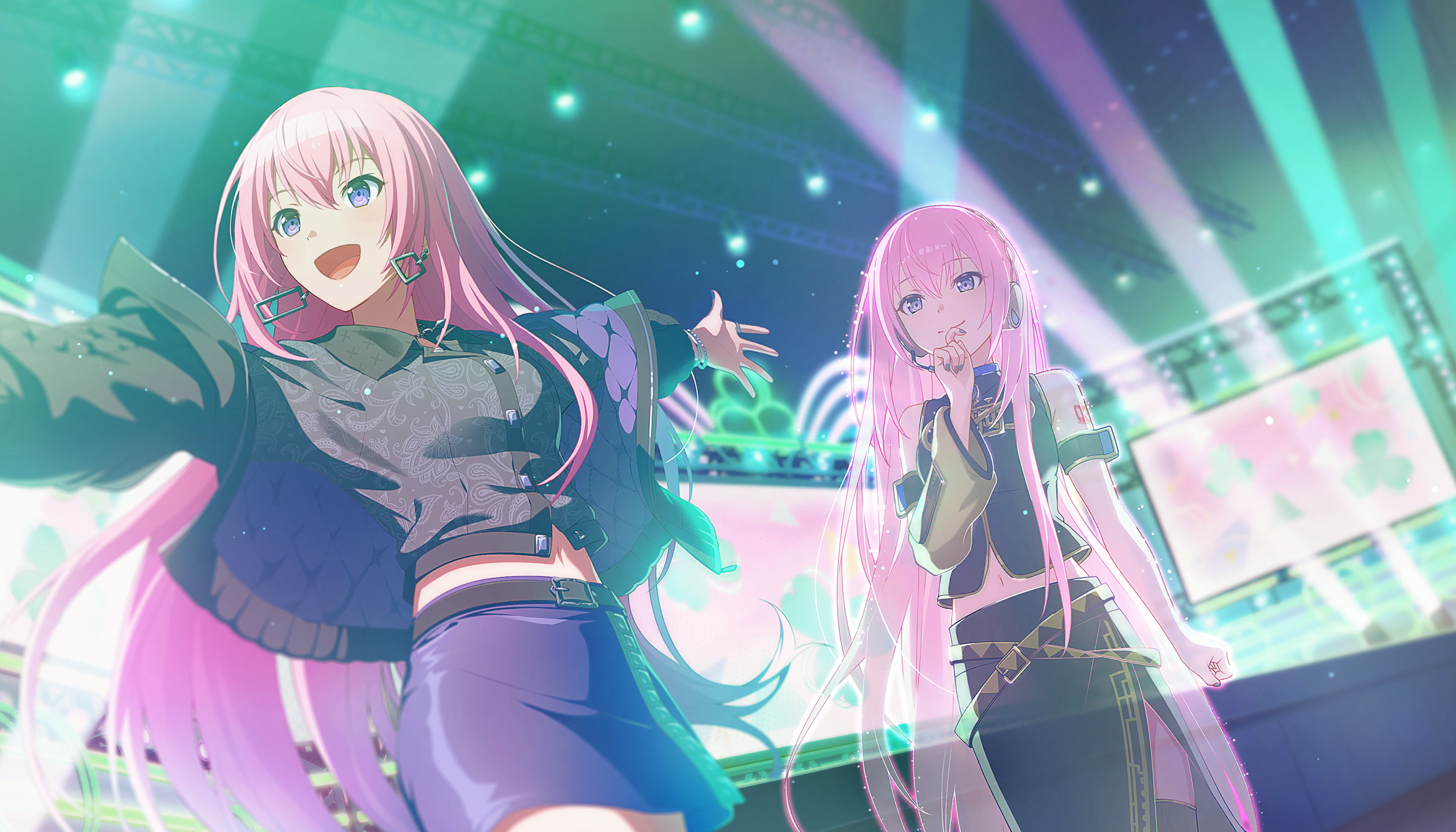 colorful palette, megurine luka, vivid bad squad luka, project sekai, vocaloid, game cg, highres, official art, third-party source, 2girls, arm tattoo, belt, black belt, black boots, black jacket, black shirt, black skirt, blue nails, boots, breasts, brooch, closed mouth, detached sleeves, dual persona, earrings, fingernails, hair between eyes, headset, jacket, jewelry, link the beats! (project sekai), long hair, multiple girls, nail polish, number tattoo, open clothes, open jacket, pink hair, purple eyes, purple skirt, shirt, side slit, single detached sleeve, skirt, sleeveless, sleeveless shirt, smile, tattoo, very long hair, yellow sleeves