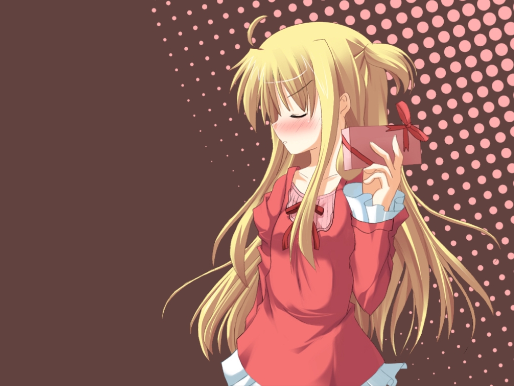 arisa bunnings, lyrical nanoha, mahou shoujo lyrical nanoha, non-web source, 00s, 1girl, blonde hair, blush, box, closed eyes, female focus, gift, holding, holding gift, incoming gift, long hair, profile, solo, tsundere, twintails, valentine