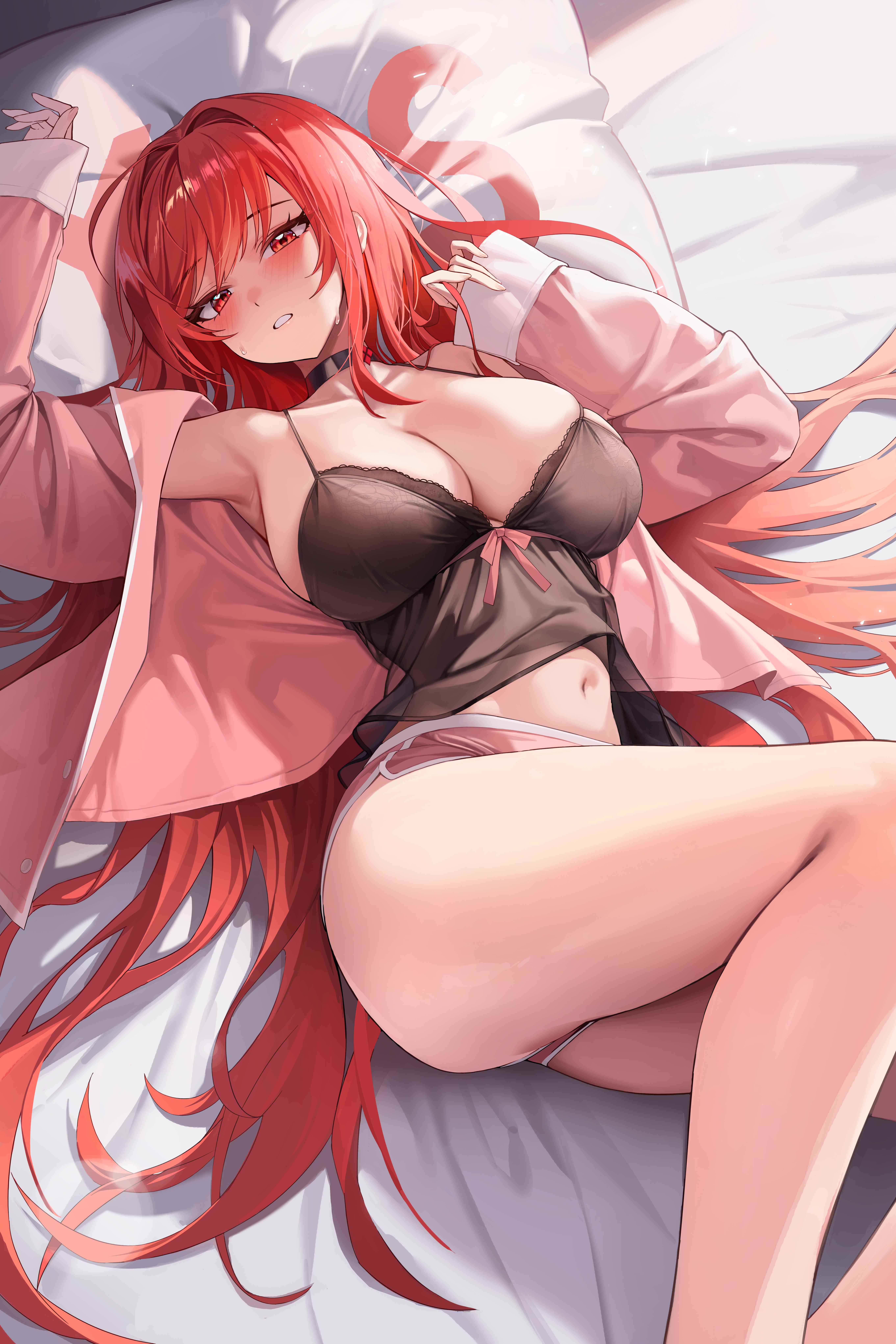 4q (lokcy516), rapi (nikke), rapi (red hood) (cherished red) (nikke), rapi (red hood) (nikke), goddess of victory: nikke, absurdres, commentary request, highres, 1girl, arm up, armpits, bed sheet, black choker, black nightgown, blush, breasts, choker, cleavage, dolphin shorts, huge breasts, indoors, lace-trimmed nightgown, long hair, long sleeves, looking at viewer, lying, midriff, navel, nightgown, official alternate costume, official alternate hair color, on bed, on side, pajamas, pillow, pink pajamas, pink shorts, red eyes, red hair, short shorts, shorts, solo, very long hair, yes-no pillow