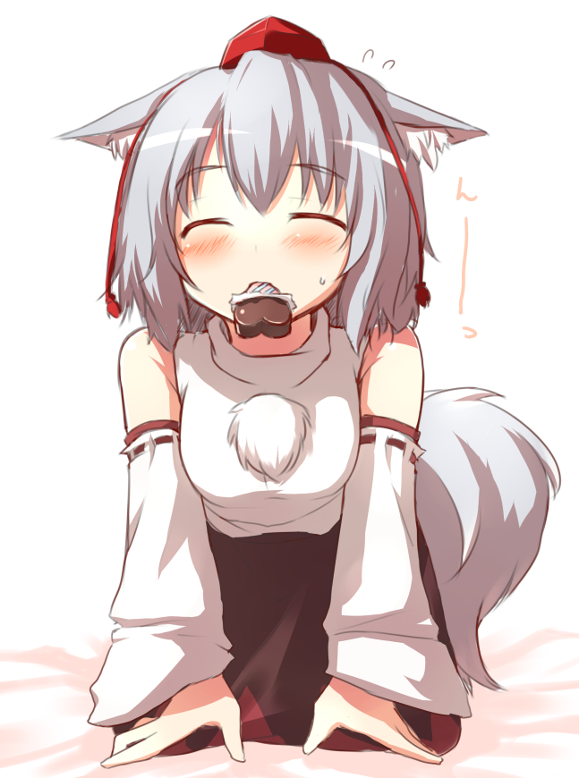 hiraga matsuri, hirasato, inubashiri momiji, touhou, 1girl, animal ears, blush, chocolate, closed eyes, detached sleeves, female focus, hat, mouth hold, short hair, solo, tail, tokin hat, valentine, white hair, wolf ears, wolf tail