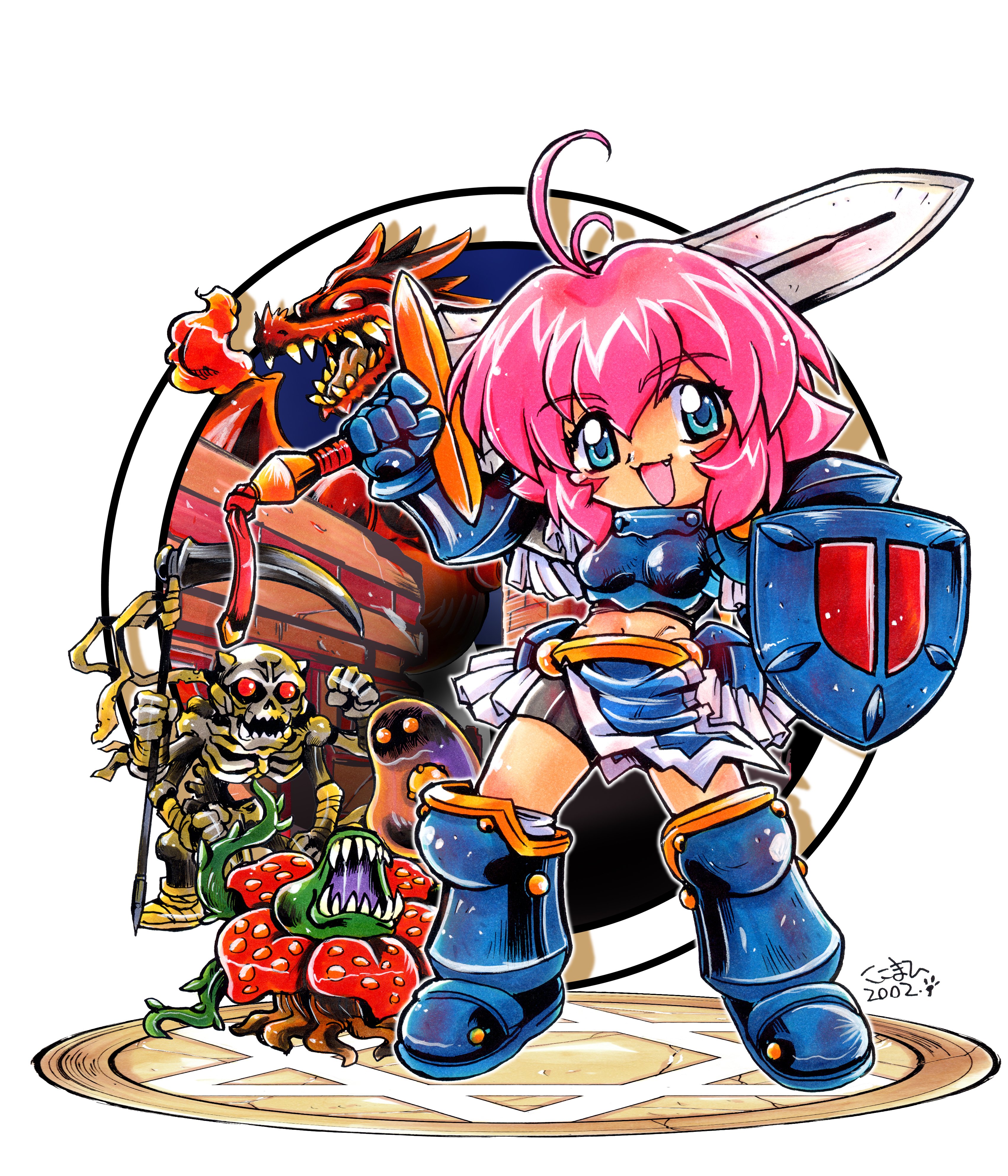 kokomahi, absurdres, commentary request, highres, official art, 1girl, antenna hair, armor, armored boots, artist name, bike shorts, black shirt, black shorts, blue armor, blue eyes, boobplate, boots, breastplate, crop top, dated, dragon, fang, fire, gauntlets, hand up, hexagram, holding, holding scythe, holding shield, holding sword, holding weapon, horns, looking at viewer, magic circle, monster, navel, open mouth, orange eyes, pelvic curtain, pink hair, plant monster, red eyes, scythe, sharp teeth, shield, shirt, short hair, shorts, skeleton, slime (creature), smile, sword, teeth, thorns, weapon, ziggurat (game)
