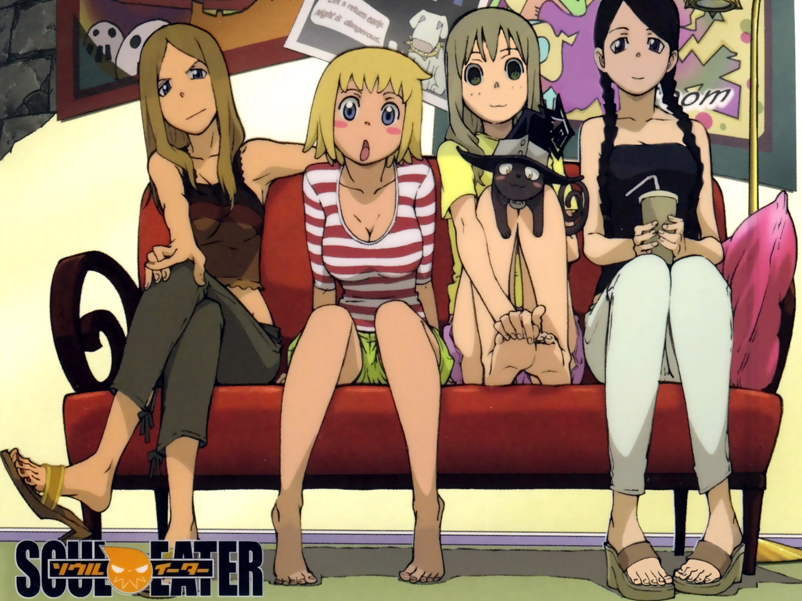 itou yoshiyuki, blair (cat) (soul eater), blair (soul eater), elizabeth thompson, maka albarn, nakatsukasa tsubaki, patricia thompson, soul eater, cropped, highres, official art, 00s, 4girls, :3, :o, bare shoulders, barefoot, black cat, black hair, blonde hair, blush stickers, braid, breasts, capri pants, cat, cleavage, collarbone, copyright logo, feet, fingernails, green shorts, hat, logo, midriff, multiple girls, nail polish, pants, pink shorts, poster (object), red nails, sandals, shirt, shoes, shorts, soles, toenail polish, toenails, toes, witch hat, yellow shirt