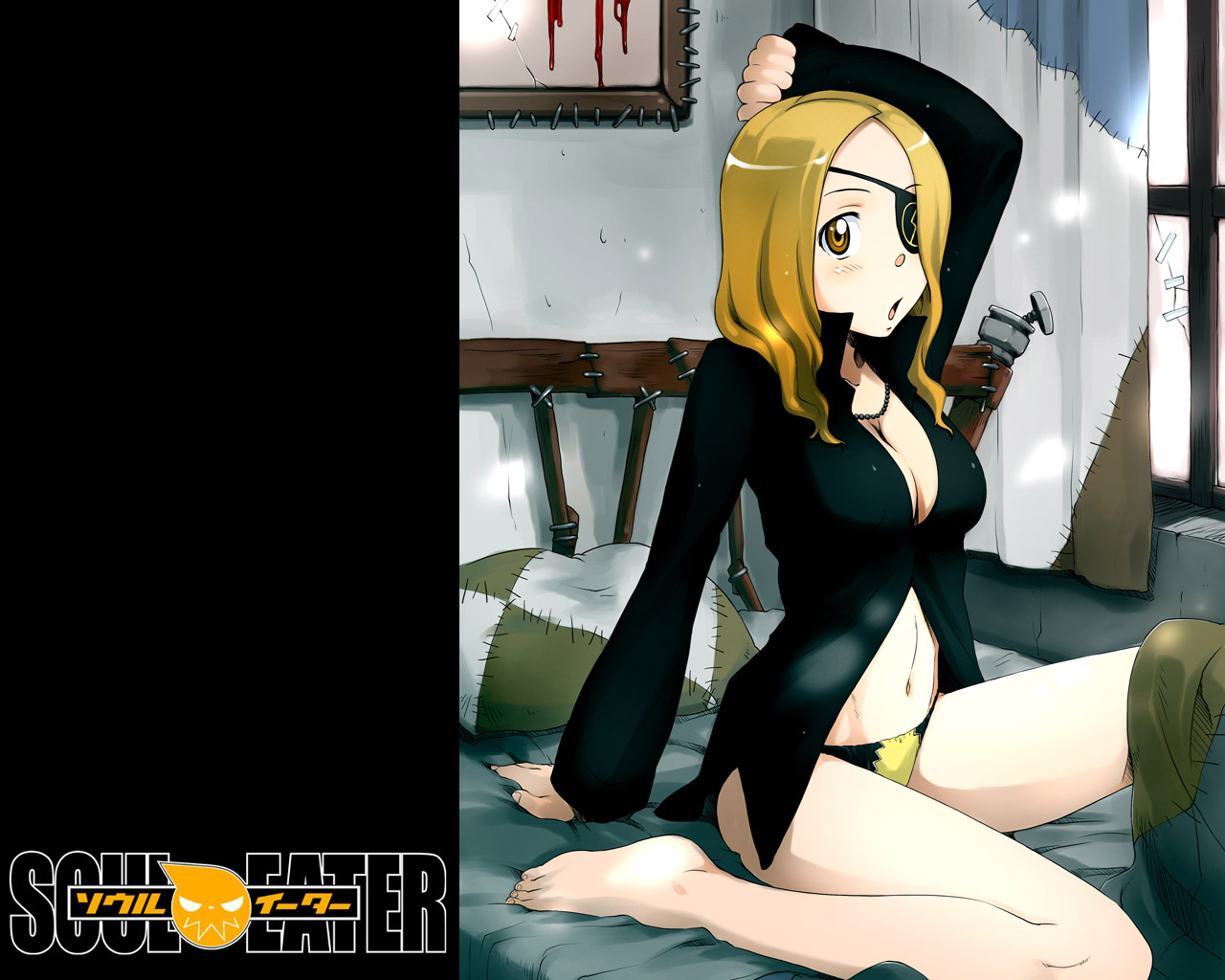 sakura kotetsu, marie mjolnir, soul eater, 00s, 1girl, barefoot, blonde hair, bottomless, eyepatch, feet, female focus, panties, solo, toes, underwear