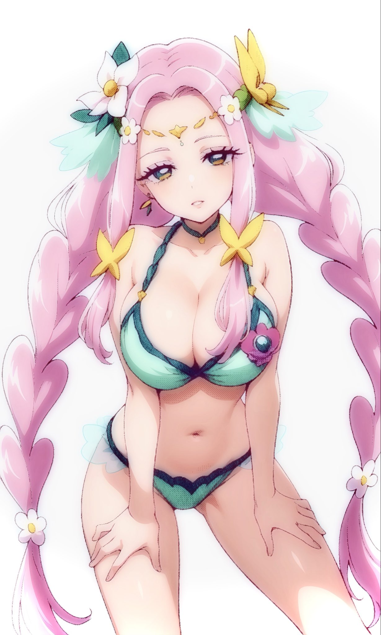 zap2000jp, character request, copyright request, highres, 1girl, blue eyes, braid, breasts, cleavage, cowboy shot, forehead jewel, hair ornament, head wreath, jewelry, large breasts, long hair, long sidelocks, looking at viewer, magical girl, necklace, pink hair, sidelocks, swimsuit, twin braids, very long hair, white background, yellow eyes
