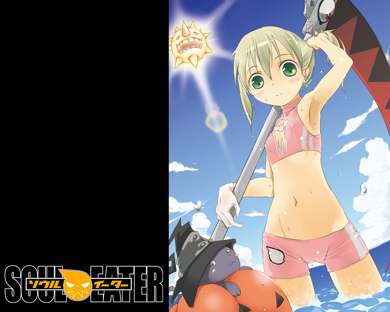 maka albarn, soul eater, 00s, 1girl, armpits, bikini, blonde hair, cameltoe, covered erect nipples, day, female focus, flat chest, gloves, green eyes, navel, pink bikini, scythe, solo, swimsuit, twintails