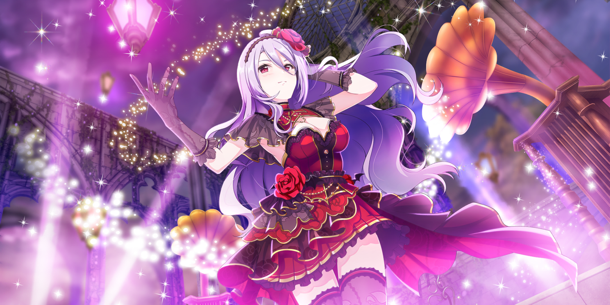 emilia (lapis re:lights), lapis re:lights, game cg, highres, official art, third-party source, 1girl, arm behind head, black gloves, black hairband, black thighhighs, breasts, cleavage, cleavage cutout, closed mouth, clothing cutout, cowboy shot, dress, dutch angle, flower, flower hairband, from below, gloves, hair between eyes, hairband, hand up, indoors, ivy, large breasts, long hair, night, phonograph, pillar, print gloves, print thighhighs, purple hair, red dress, red eyes, red flower, red rose, rose, smile, solo, sparkle, stage, stage lights, thighhighs, very long hair, zettai ryouiki