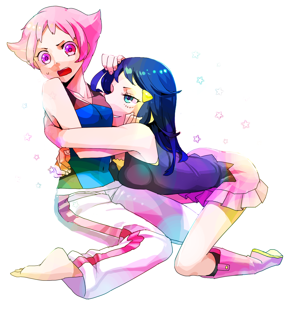 gum (gmng), gumidemo kandero, jam (pixiv172700), dawn (pokemon), maylene (pokemon), nintendo, pokemon, pokemon dppt, bad id, bad pixiv id, highres, 00s, 2girls, barefoot, blue hair, boots, feet, gym leader, hug, multiple girls, pink boots, pink hair, yuri