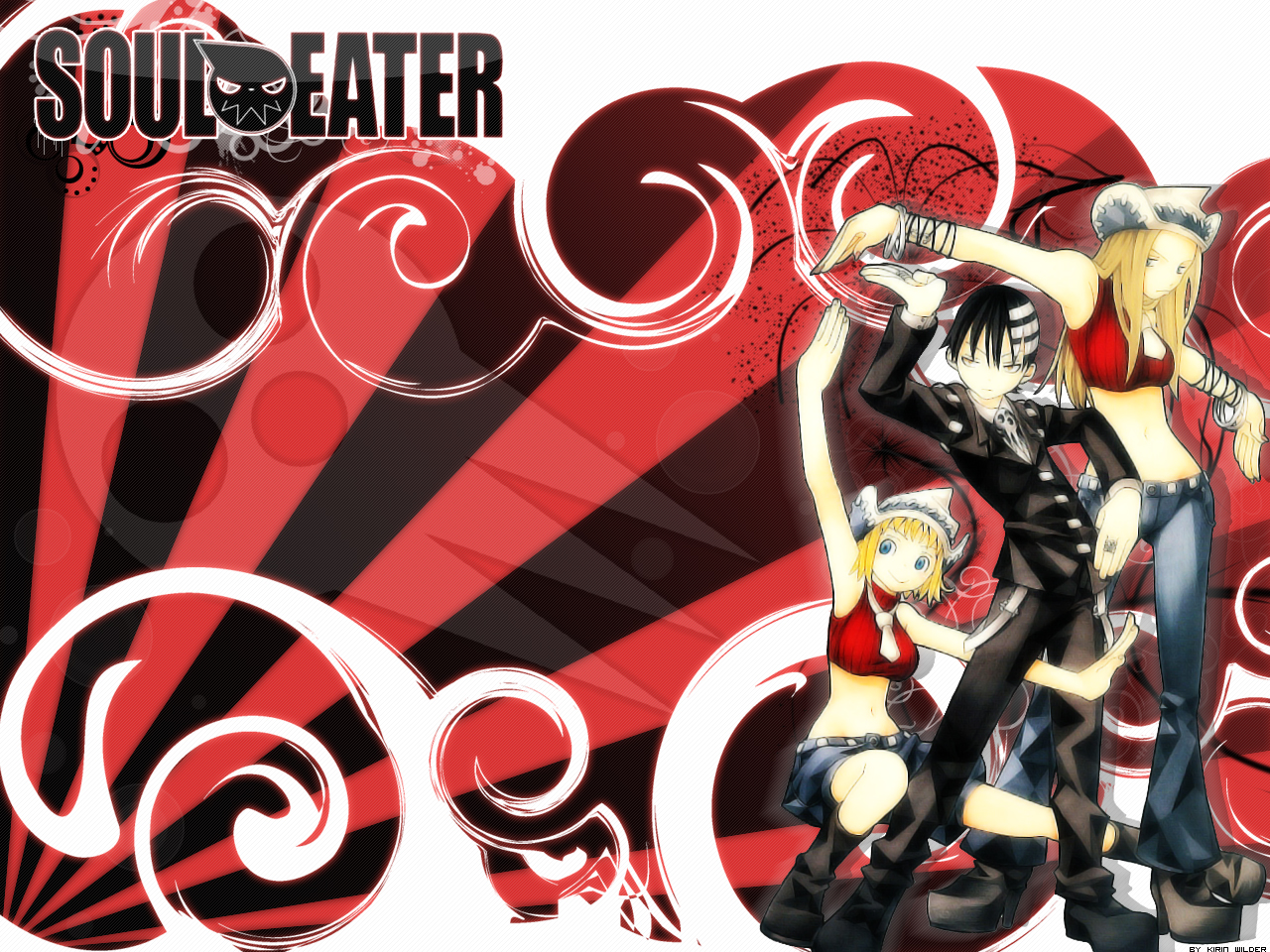 ohkubo atsushi, death the kid, elizabeth thompson, patricia thompson, soul eater, official art, official wallpaper, 00s, 1boy, 2girls, arm up, armpits, belt, between legs, black hair, blonde hair, blue eyes, boots, bracelet, breasts, copyright name, cowboy hat, cowboy western, crop top, denim, denim shorts, fingernails, formal clothes, full body, half-closed eyes, hat, high heel boots, high heels, hip focus, jeans, jewelry, light smile, logo, long fingernails, long hair, midriff, multicolored hair, multiple girls, nail (hardware), nail polish, necktie, outstretched arm, outstretched arms, pants, ribbed sweater, ring, rising sun flag, shirt, shoes, short hair, shorts, siblings, sisters, skull, sleeveless, sleeveless shirt, sleeveless turtleneck, smile, spread arms, squatting, standing, streaked hair, suit, sunburst, sweater, taut clothes, turtleneck, two-tone hair, watermark, white hair, yellow eyes