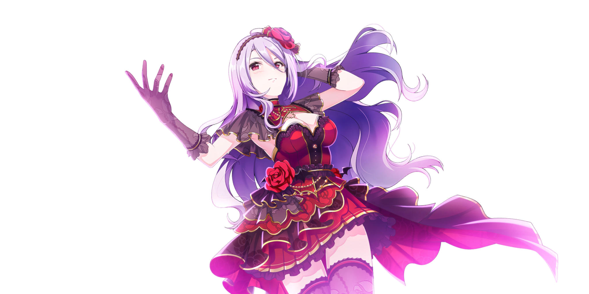 emilia (lapis re:lights), lapis re:lights, game cg, highres, official art, third-party source, 1girl, arm behind head, black gloves, black hairband, black thighhighs, breasts, cleavage, cleavage cutout, closed mouth, clothing cutout, cowboy shot, dress, flower, flower hairband, gloves, hair between eyes, hairband, hand up, large breasts, long hair, print gloves, print thighhighs, purple hair, red dress, red eyes, red flower, red rose, rose, simple background, smile, solo, thighhighs, transparent background, very long hair, zettai ryouiki