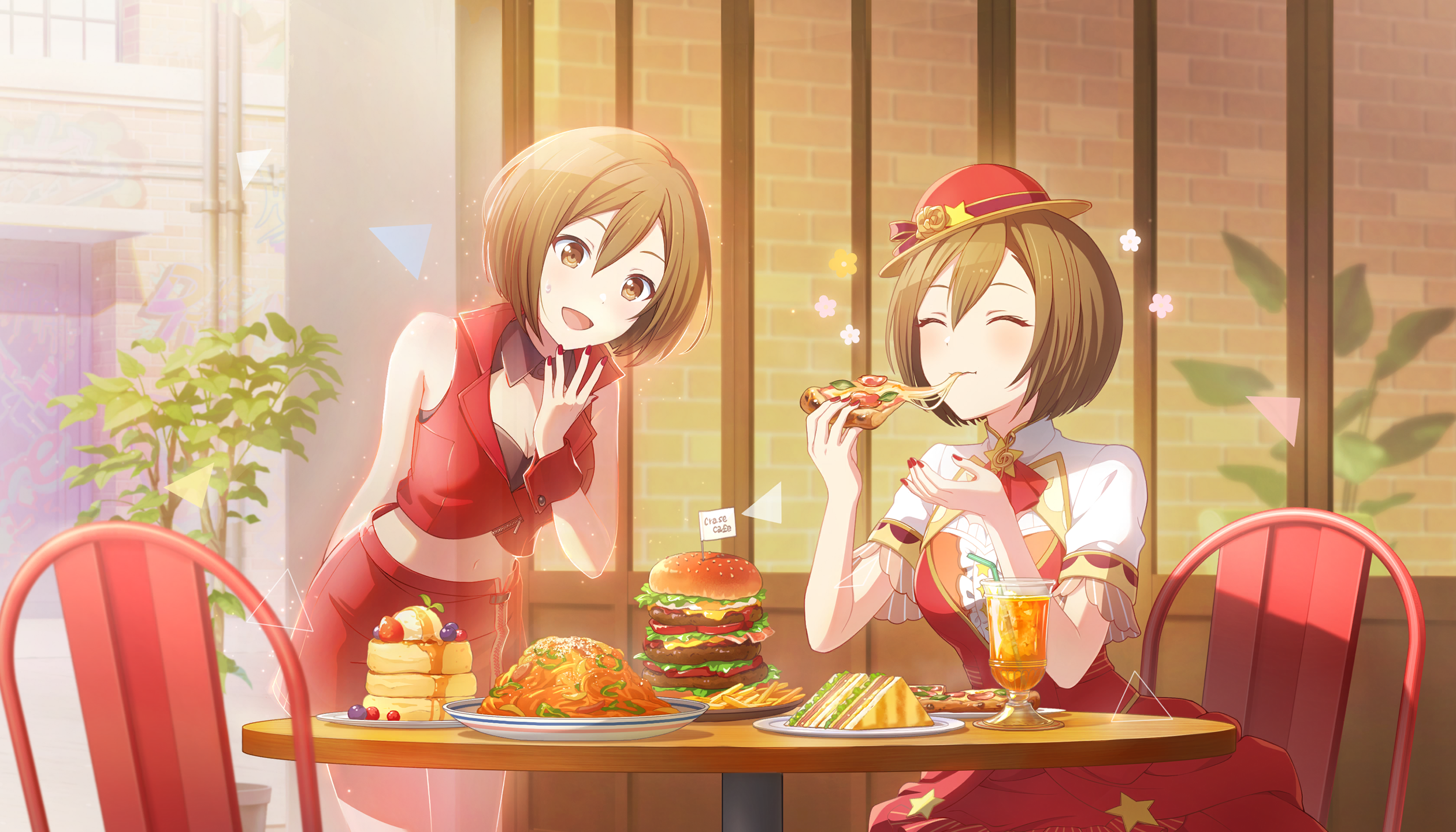colorful palette, meiko (vocaloid), wonderlands x showtime meiko, project sekai, vocaloid, game cg, highres, official art, third-party source, 2girls, :d, ^ ^, blush, breasts, brown eyes, brown hair, burger, center frills, chair, cleavage, closed eyes, cropped jacket, drink, drinking straw, dual persona, eating, fingernails, flag, flower, food, frills, fruit, glass, hat, hat flower, holding, holding food, ice cream, jacket, link the beats! (project sekai), multiple girls, nail polish, open mouth, pancake, pancake stack, pasta, pizza, plant, plate, potted plant, red hat, red jacket, red nails, red skirt, red wrist cuffs, sandwich, sitting, skirt, smile, spaghetti, star (symbol), strawberry, table, tree, wrist cuffs, yellow flower