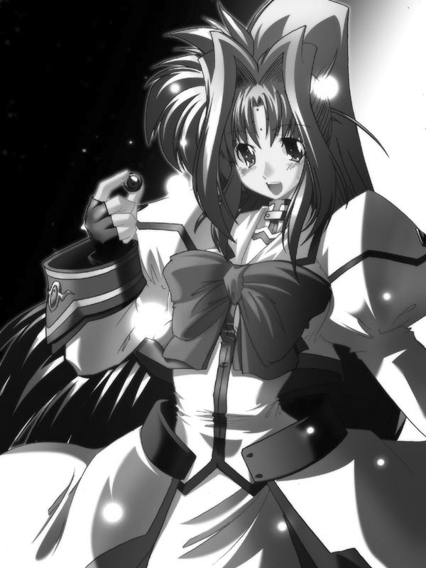 45acp, lindy harlaown, raising heart, raising heart (standby mode), takamachi nanoha, takamachi nanoha (aggressor mode), lyrical nanoha, mahou shoujo lyrical nanoha, mahou shoujo lyrical nanoha a's, mahou shoujo lyrical nanoha strikers, 1girl, blush, cosplay, facial mark, female focus, forehead mark, greyscale, hair intakes, long hair, monochrome, open mouth, solo, takamachi nanoha (cosplay)