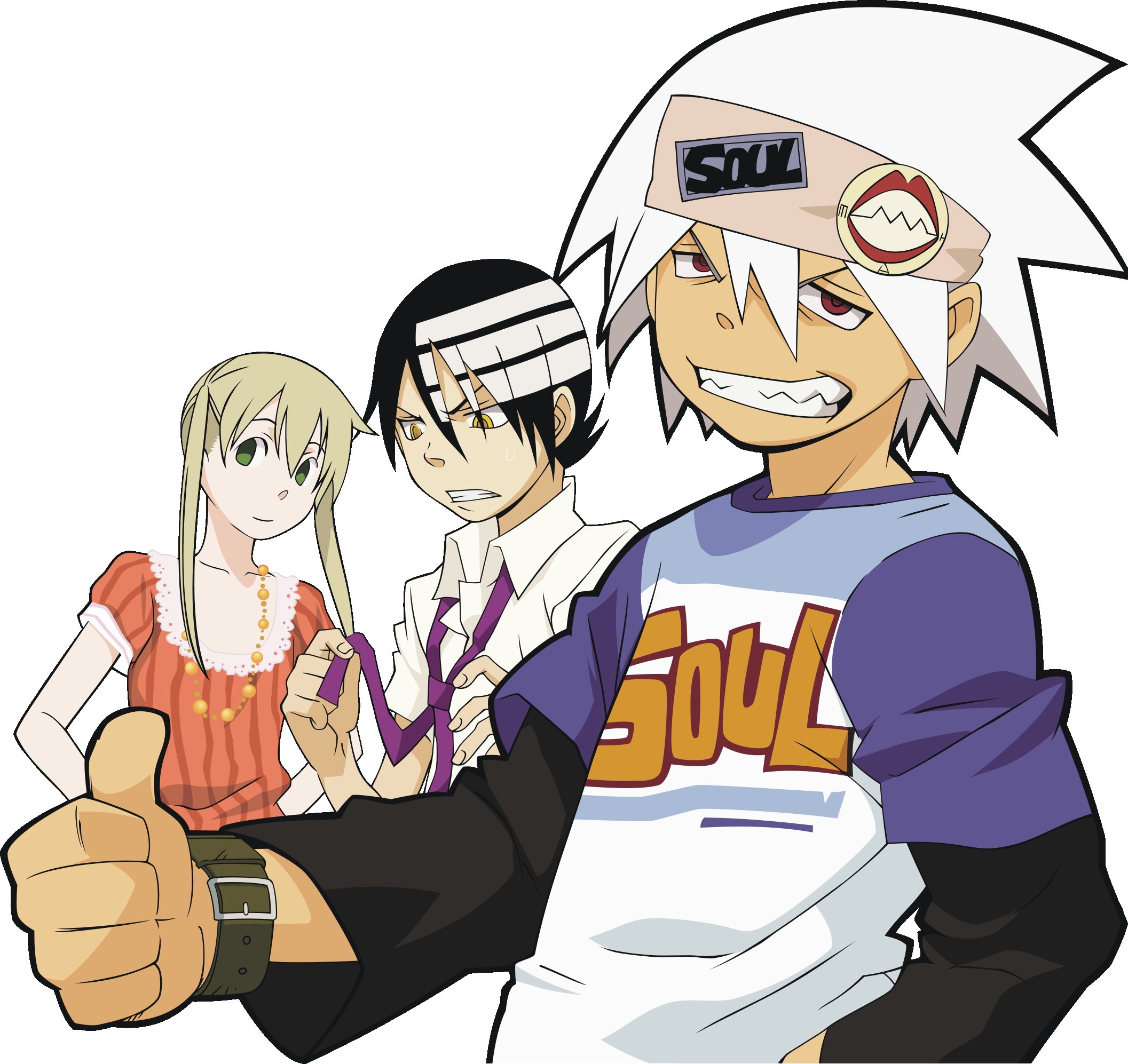death the kid, maka albarn, soul evans, soul eater, highres, 00s, 1girl, 2boys, :d, black hair, blonde hair, clothes writing, grin, long sleeves, looking at viewer, multiple boys, open mouth, sidelocks, smile, teeth, white hair