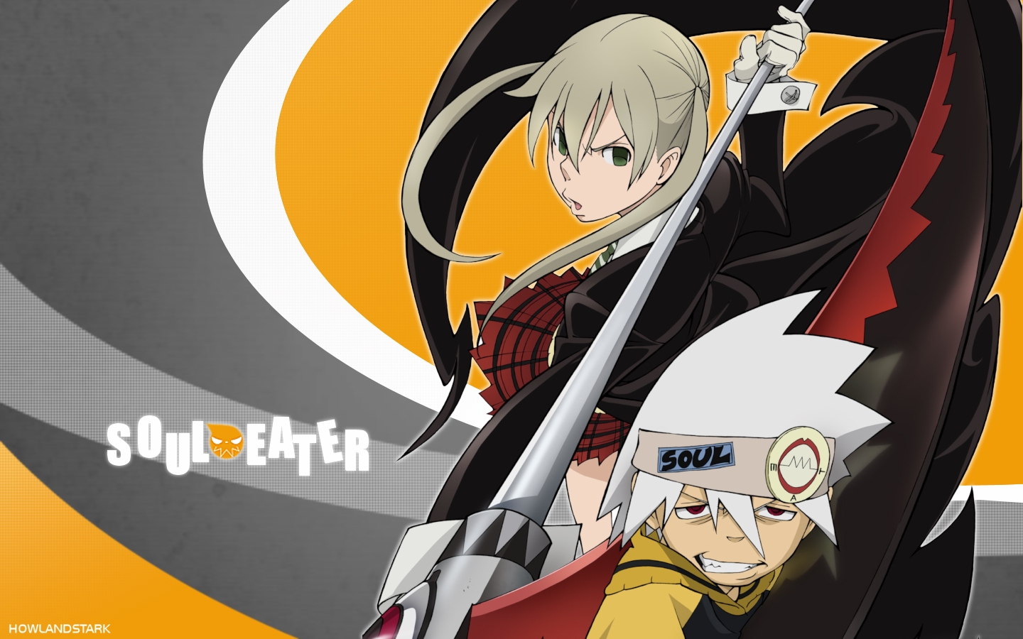 maka albarn, soul evans, soul eater, 00s, 1boy, 1girl, blonde hair, clenched teeth, dress, fighting stance, from behind, gloves, green eyes, grin, headband, jacket, long coat, long sleeves, looking at viewer, plaid clothes, plaid skirt, polearm, red dress, red eyes, scythe, skirt, smile, teeth, twintails, upper body, weapon, white gloves, white hair
