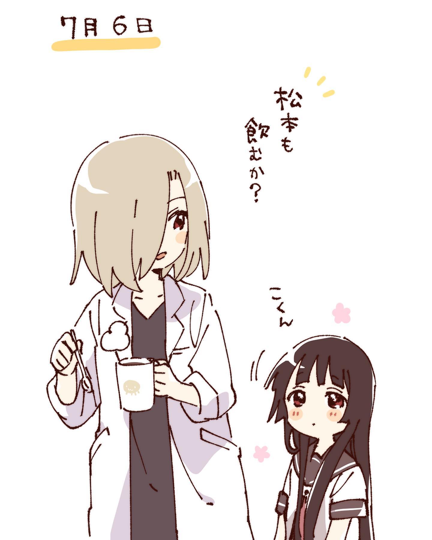 namori, matsumoto rise, nishigaki nana, yuruyuri, hashtag-only commentary, highres, translation request, 2girls, :d, black dress, black hair, blonde hair, blush stickers, brown sailor collar, closed mouth, cup, dress, hair over one eye, holding, holding cup, lab coat, long hair, multiple girls, nanamori school uniform, open mouth, pleated dress, red dress, red eyes, sailor collar, school uniform, shirt, short sleeves, simple background, smile, summer uniform, upper body, white background, white shirt