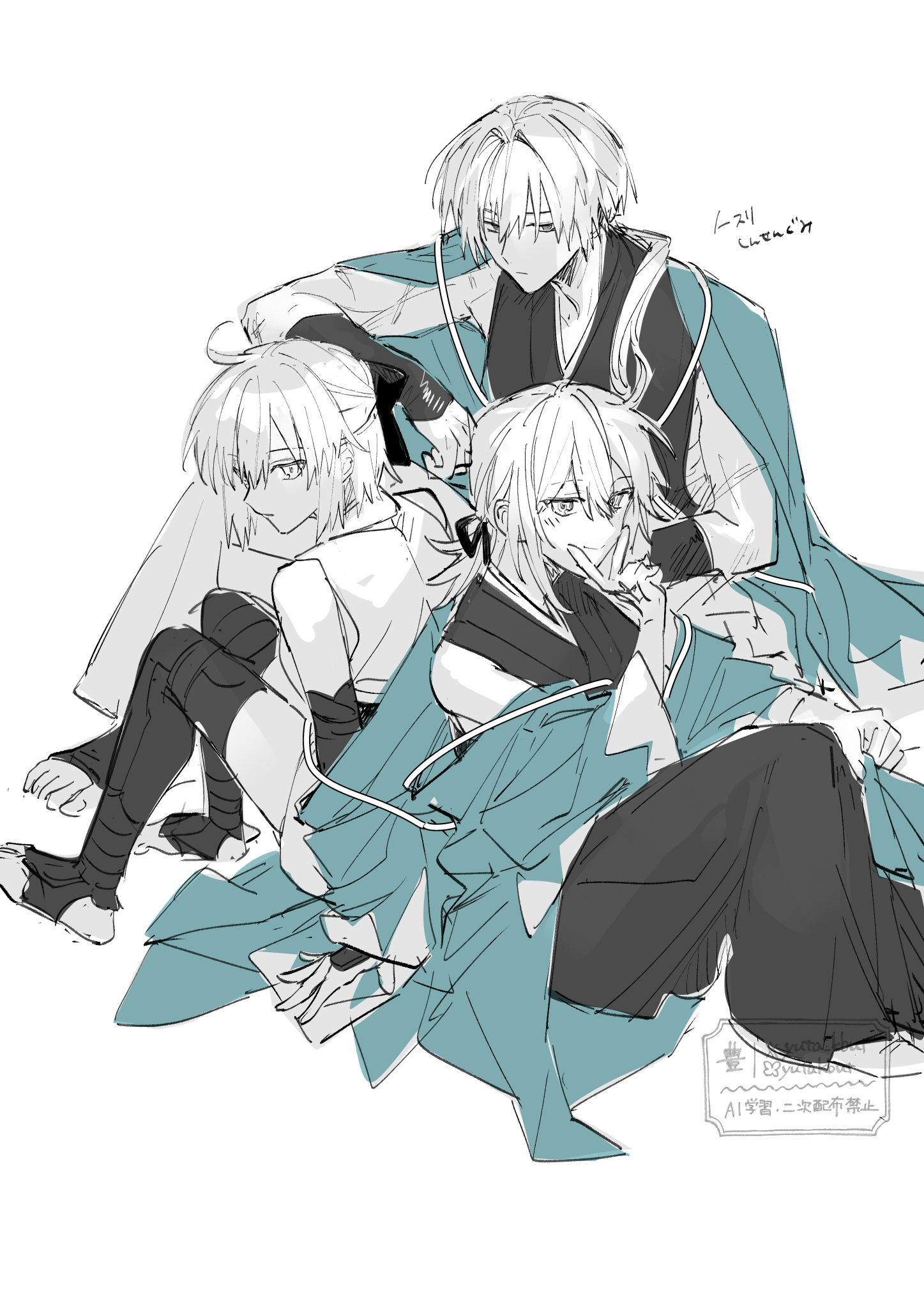 yuta kbut, fujimaru ritsuka (female), fate/grand order, fate (series), highres, 1boy, 2girls, aqua haori, arm guards, black bow, black kimono, bow, command spell, greyscale, hair over shoulder, hakama, haori, haori on shoulders, harada sanosuke (teal haori and hakama) (fate), japanese clothes, kimono, long hair, low-cut armhole, low ponytail, monochrome, multiple girls, official alternate costume, official alternate hairstyle, okita souji (third ascension) (fate), ponytail, sash, scar, scar on arm, shinsengumi (fate), short kimono, sitting, sleeveless, sleeveless kimono, spot color, white hakama, white kimono
