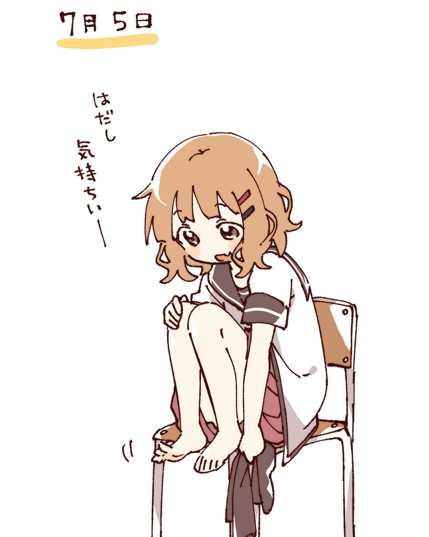 namori, oomuro sakurako, yuruyuri, hashtag-only commentary, highres, translation request, 1girl, :d, barefoot, blush stickers, brown eyes, brown hair, brown sailor collar, brown socks, chair, dress, full body, hair ornament, hairclip, holding, holding legwear, holding unworn clothes, knees up, nanamori school uniform, open mouth, parallel hairclips, pleated dress, red dress, sailor collar, school uniform, shirt, short hair, short sleeves, simple background, sitting, smile, socks, solo, summer uniform, white background, white shirt
