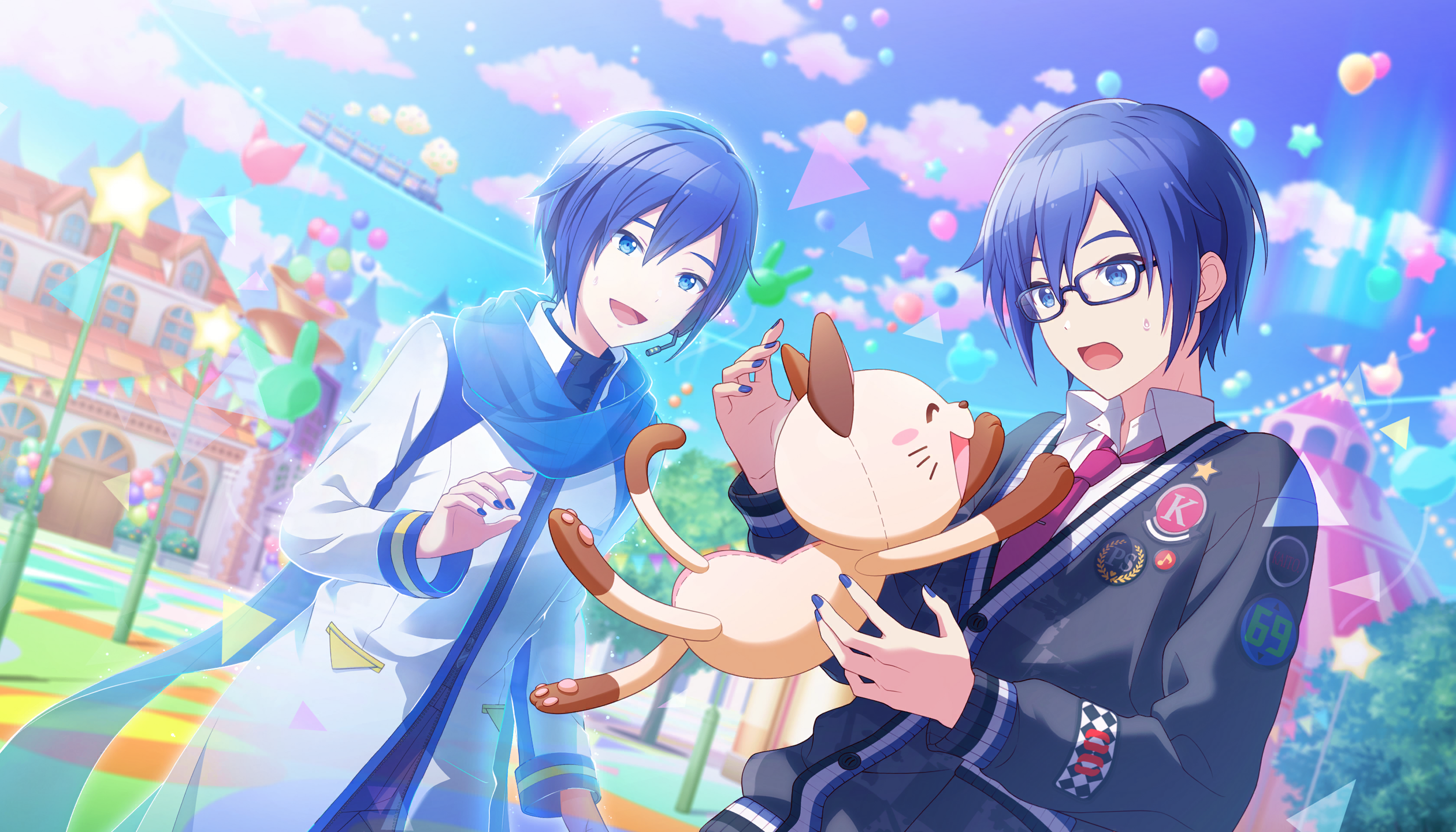 colorful palette, kaito (vocaloid), leo/need kaito, project sekai, vocaloid, game cg, highres, official art, third-party source, 2boys, :d, balloon, black cardigan, blue-framed eyewear, blue eyes, blue hair, blue nails, blue scarf, blue sky, cardigan, cloud, coat, collared shirt, dual persona, dutch angle, fingernails, glasses, hair between eyes, initial, link the beats! (project sekai), male focus, multiple boys, musical note, nail polish, necktie, open mouth, pin, pink necktie, scarf, shirt, sky, smile, star (symbol), stuffed animal, stuffed cat, stuffed toy, sweatdrop, tongue, train, triangle, white coat, white shirt