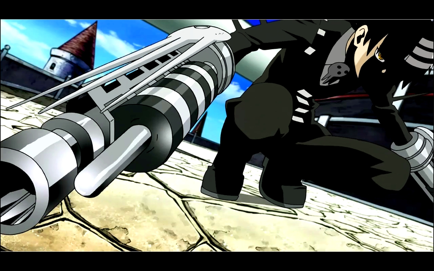 death the kid, soul eater, anime screenshot, 00s, 1boy, black hair, letterboxed, male focus, outdoors, shinigami, skull, sky, solo, weapon, yellow eyes