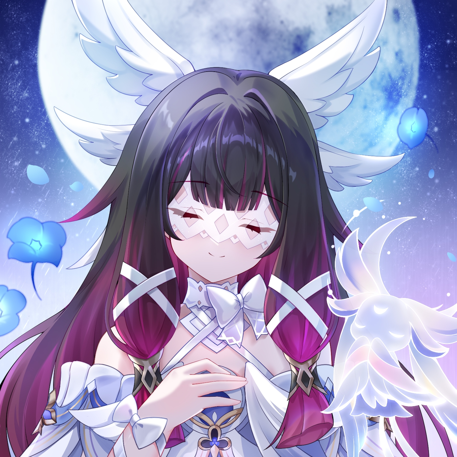 columbina (genshin impact), genshin impact, highres, 1girl, black hair, blue flower, bow, closed eyes, closed mouth, eye mask, flower, full moon, gradient hair, hair ornament, hand on own chest, head wings, kuuhenki (genshin impact), long hair, luonnotar (genshin impact), ly liuyue y, mask, moon, multicolored hair, night, night sky, pink hair, sky, smile, solo, star (sky), streaked hair, upper body, white bow, white mask, wing hair ornament, wings