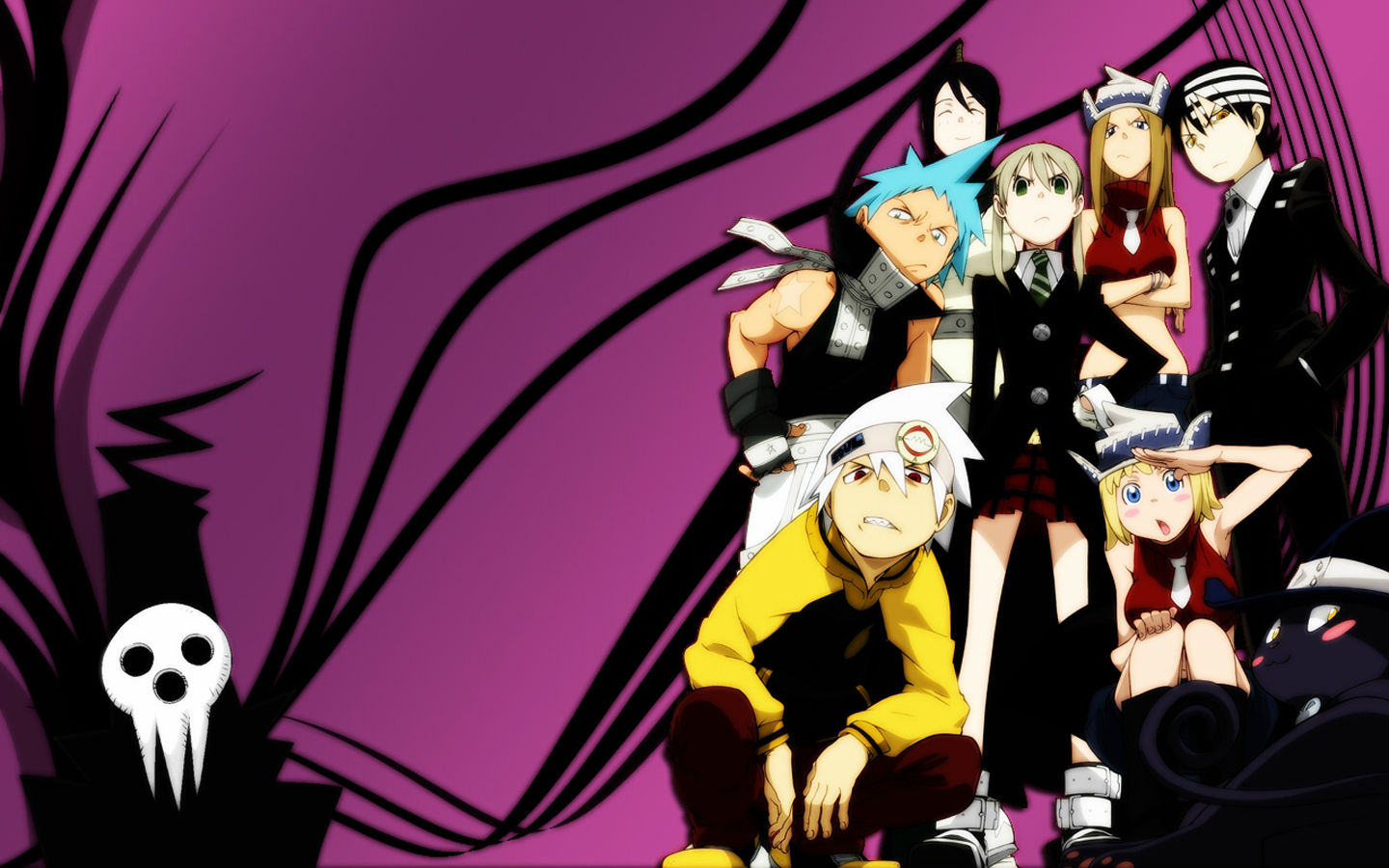 black star, death the kid, elizabeth thompson, maka albarn, nakatsukasa tsubaki, patricia thompson, shinigami-sama, soul evans, soul eater, official art, 00s, 3boys, 4girls, biceps, black hair, black theme, blonde hair, blue hair, cat, cowboy hat, everyone, formal clothes, hat, multiple boys, multiple girls, necktie, shoes, skirt, soul, white hair, witch hat