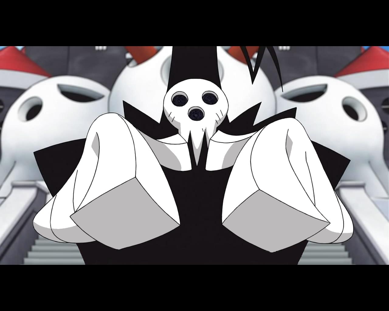 shinigami-sama, soul eater, 00s, 1boy, armor, looking at viewer, machinery, male focus, monster, outdoors, shinigami, shoulder pads, skull, solo, upper body
