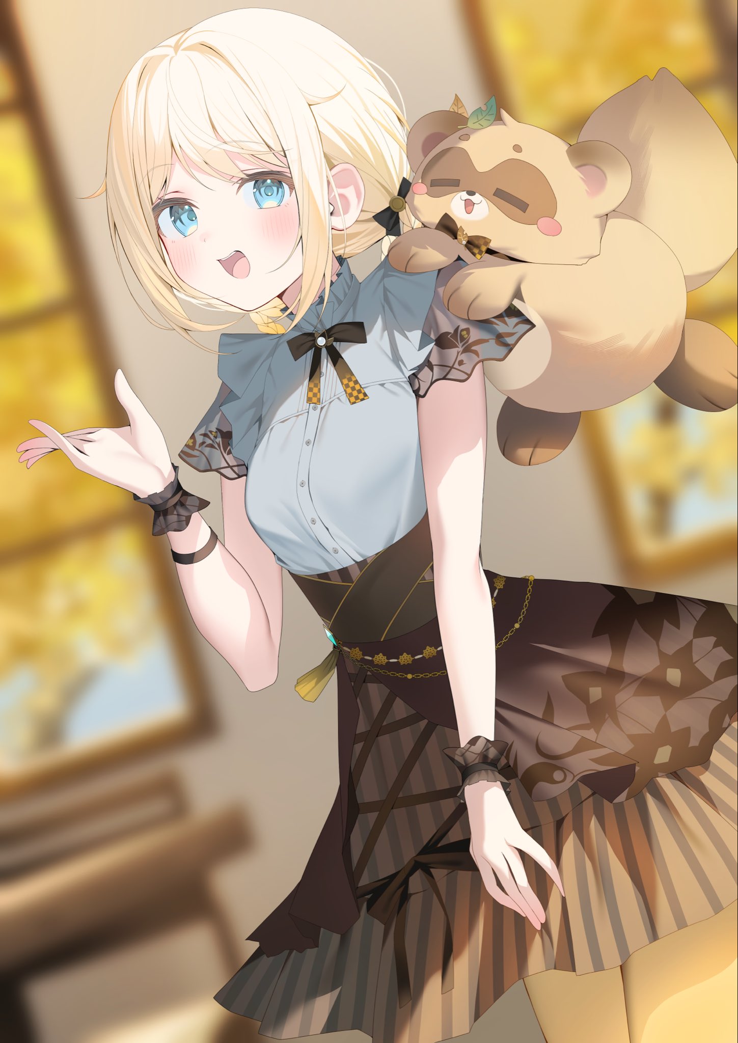 ryuya, kazama iroha, pokobee, hololive, commentary, highres, symbol-only commentary, 1girl, :d, ;d, aqua eyes, black bow, black bowtie, black skirt, blonde hair, blurry, blurry background, bow, bowtie, braid, cross-laced clothes, cross-laced skirt, flower, grey shirt, hair flower, hair ornament, hand up, high-waist skirt, kazama iroha (maid), layered skirt, long hair, looking at viewer, low twin braids, official alternate costume, official alternate hairstyle, one eye closed, open mouth, shirt, shirt tucked in, short sleeves, skirt, smile, solo, swept bangs, teeth, twin braids, upper teeth only, virtual youtuber, wrist cuffs