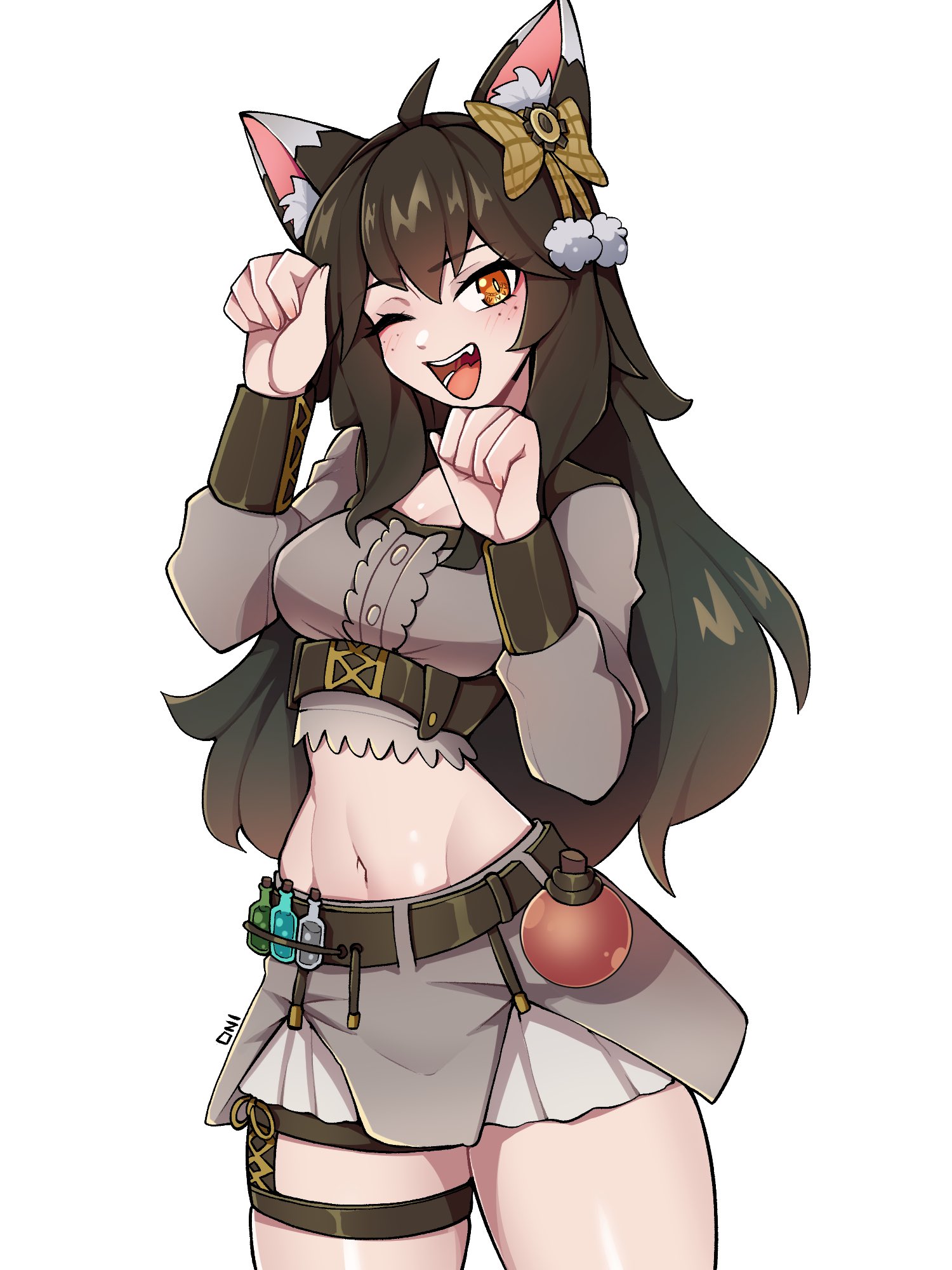 oninuer, original, commentary, commission, english commentary, highres, 1girl, ahoge, animal ear fluff, animal ears, belt, black belt, black hair, bottle, bow, breasts, brown bow, cat ears, cat girl, choppy bangs, cowboy shot, freckles, grey shirt, grey skirt, hair bow, hands up, large breasts, long hair, long sleeves, looking at viewer, midriff, miniskirt, navel, one eye closed, open mouth, orange eyes, paw pose, potion, shirt, simple background, skirt, smile, solo, thigh strap, thighs, white background