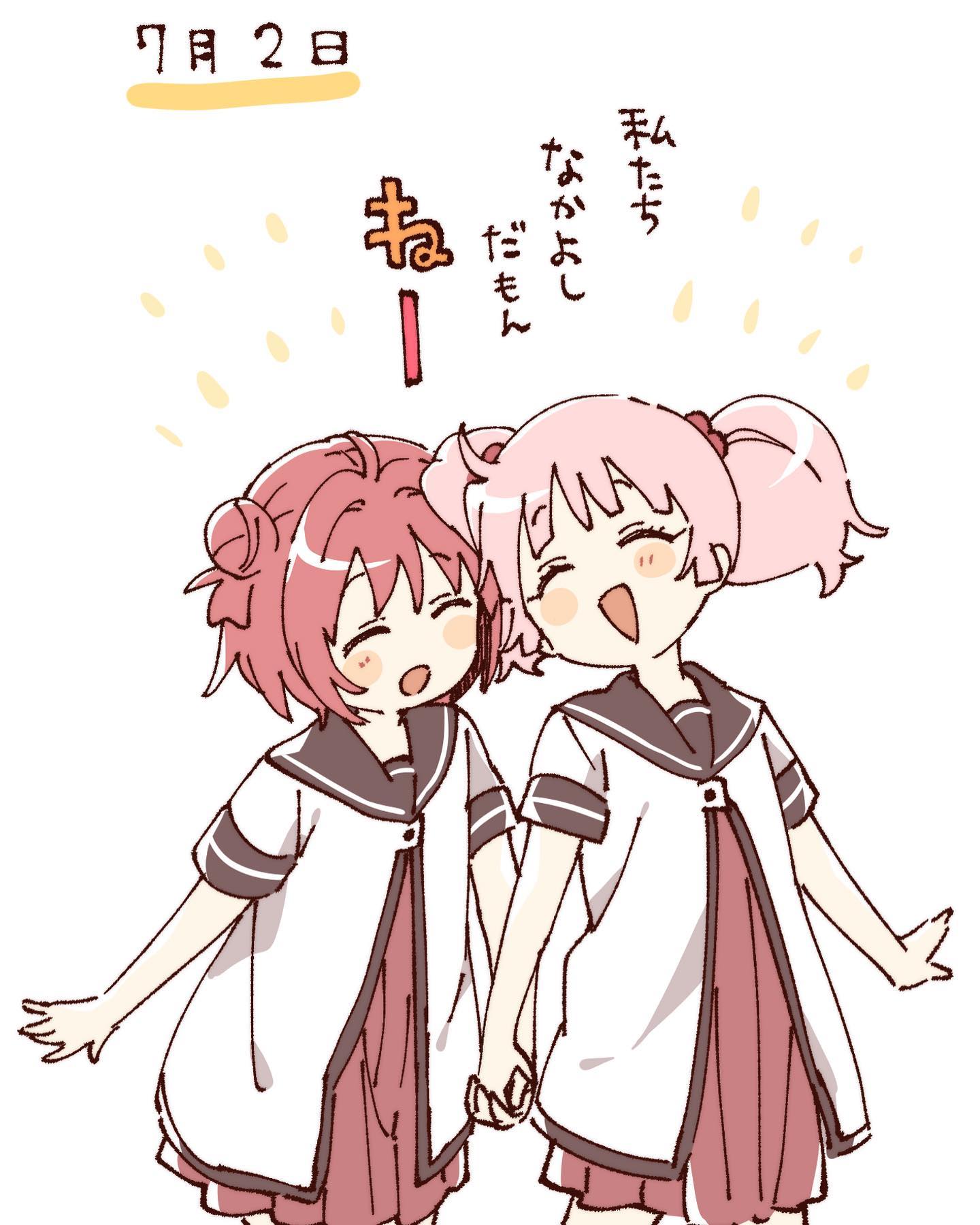 namori, akaza akari, yoshikawa chinatsu, yuruyuri, hashtag-only commentary, highres, translation request, 2girls, :d, ^ ^, ahoge, blush stickers, brown sailor collar, closed eyes, cowboy shot, double bun, dress, hair bobbles, hair bun, hair ornament, holding hands, multiple girls, nanamori school uniform, open mouth, pink hair, pleated dress, red dress, red hair, sailor collar, school uniform, shirt, short hair, short sleeves, short twintails, simple background, smile, summer uniform, twintails, white background, white shirt
