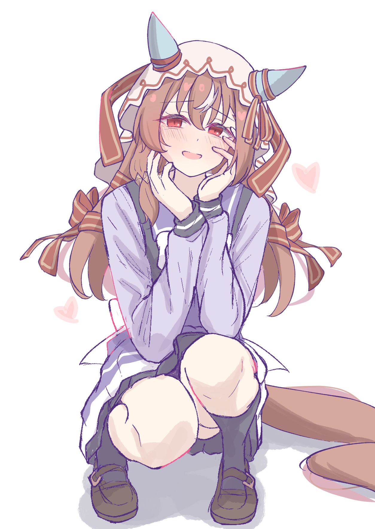 tofu thunder, still in love (umamusume), umamusume, highres, 1girl, animal ears, black socks, blush, bow, bowtie, breasts, brown hair, ear covers, ear ribbon, hair between eyes, hair ornament, heart, horse ears, horse girl, horse tail, kneehighs, long hair, long sleeves, looking at viewer, multicolored hair, open mouth, purple sailor collar, purple serafuku, purple shirt, purple skirt, red eyes, sailor collar, sailor shirt, school uniform, serafuku, shirt, shoes, simple background, skirt, small breasts, smile, socks, solo, streaked hair, tail, tracen school uniform, veil, white background, white bow, white bowtie, white hair, white veil