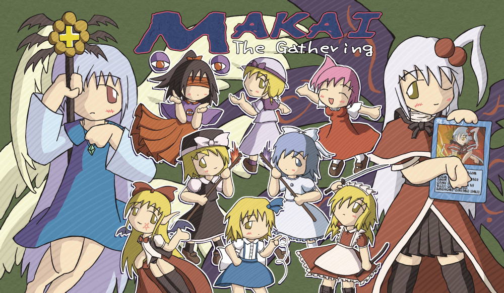 kamui rera, alice margatroid, alice margatroid (pc-98), elis (touhou), konngara (touhou), louise (touhou), mai (touhou), sara (touhou), sariel (touhou), shinki (touhou), yuki (touhou), yumeko (touhou), highly responsive to prayers, magic: the gathering, mystic square, touhou, touhou (pc-98), commentary request, merchandise available, ^ ^, apron, bat wings, black dress, black hair, black hat, black ribbon, black socks, blindfold, blonde hair, blue dress, blue fire, blue ribbon, blue skirt, boots, bow, bowtie, brown boots, brown eyes, brown shoes, cape, capelet, card, closed eyes, colored blindfold, disembodied eye, dress, everyone, fire, flat chest, green background, grey hair, hair bobbles, hair ornament, hair ribbon, happy, hat, hat ribbon, holding, holding card, holding scepter, holding stick, holding sword, holding weapon, index finger raised, jewelry, kneehighs, light blush, long hair, long sleeves, looking ahead, looking at another, looking back, looking to the side, maid, maid apron, maid headdress, multiple wings, neck wrap, necklace, one eye closed, outstretched arm, outstretched arms, outstretched hand, parody, pentagram, pentagram tattoo, pink hair, ponytail, purple capelet, purple socks, purple wings, red bow, red bowtie, red cape, red capelet, red dress, red eyes, red skirt, ribbon, scarf, scepter, seraph, shirt, shoes, short hair, short sleeves, side ponytail, skirt, smile, socks, stick, sword, tattoo, thighs, trading card, vampire, very long hair, weapon, white dress, white hair, white hat, white scarf, white shirt, white socks, white wings, wings, yellow eyes