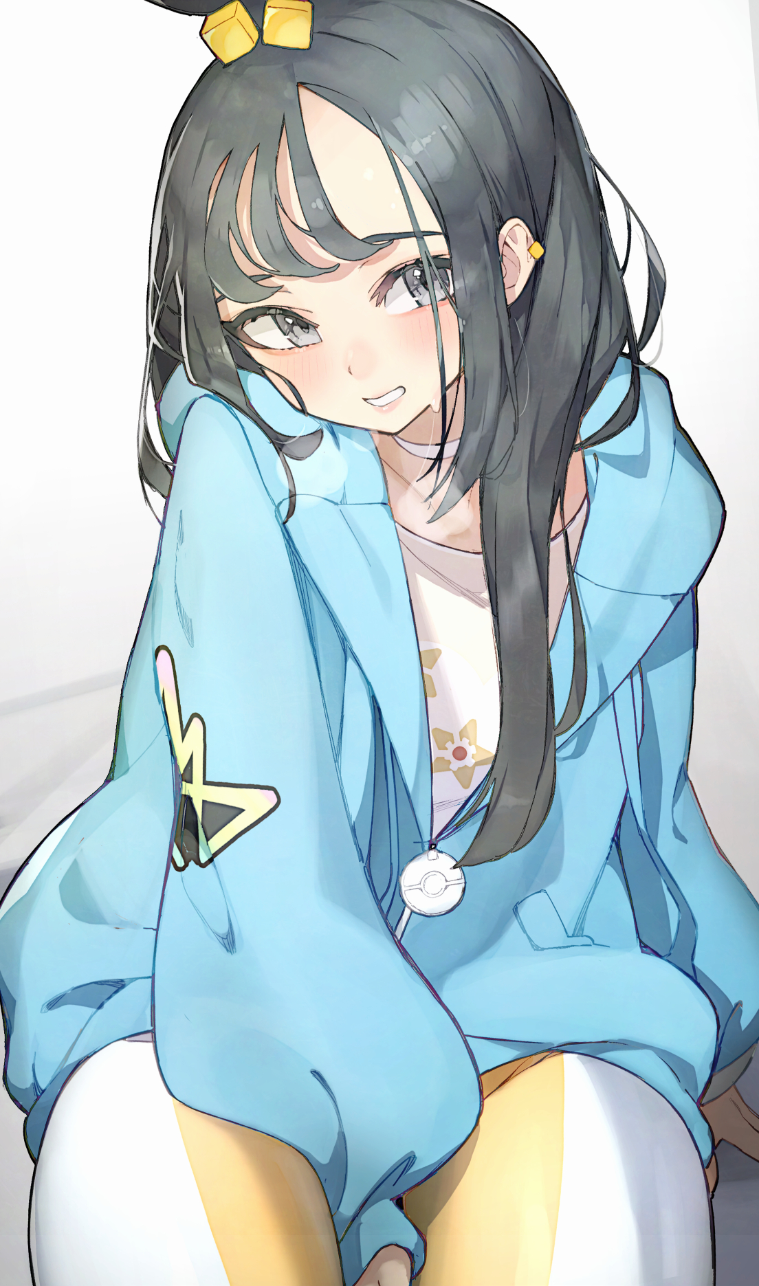 rindoriko, lida (pokemon), staryu, nintendo, pokemon, pokemon legends: z-a, highres, 1girl, black hair, blue hoodie, blush, choker, cube hair ornament, earclip, gen 1 pokemon, grey eyes, hair ornament, hood, hood down, hoodie, leggings, long hair, long sleeves, looking at viewer, open mouth, orange leggings, shirt, simple background, sitting, smile, solo, sweatdrop, thighs, topknot, two-tone legwear, white choker, white leggings, wispy bangs