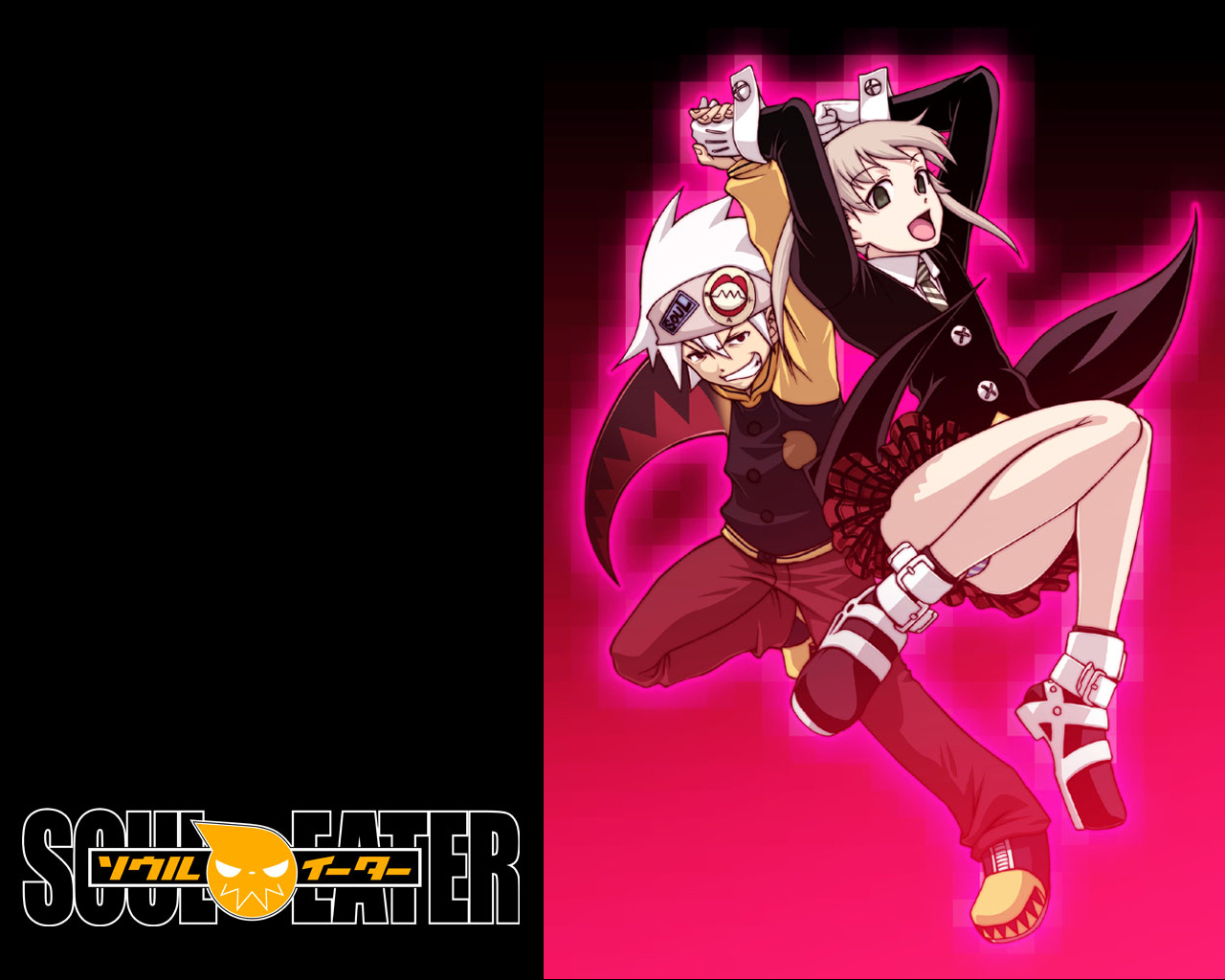 maka albarn, soul evans, soul eater, 00s, 1boy, 1girl, boots, brown eyes, gloves, grey hair, headband, necktie, panties, skirt, smile, underwear, upskirt, white hair