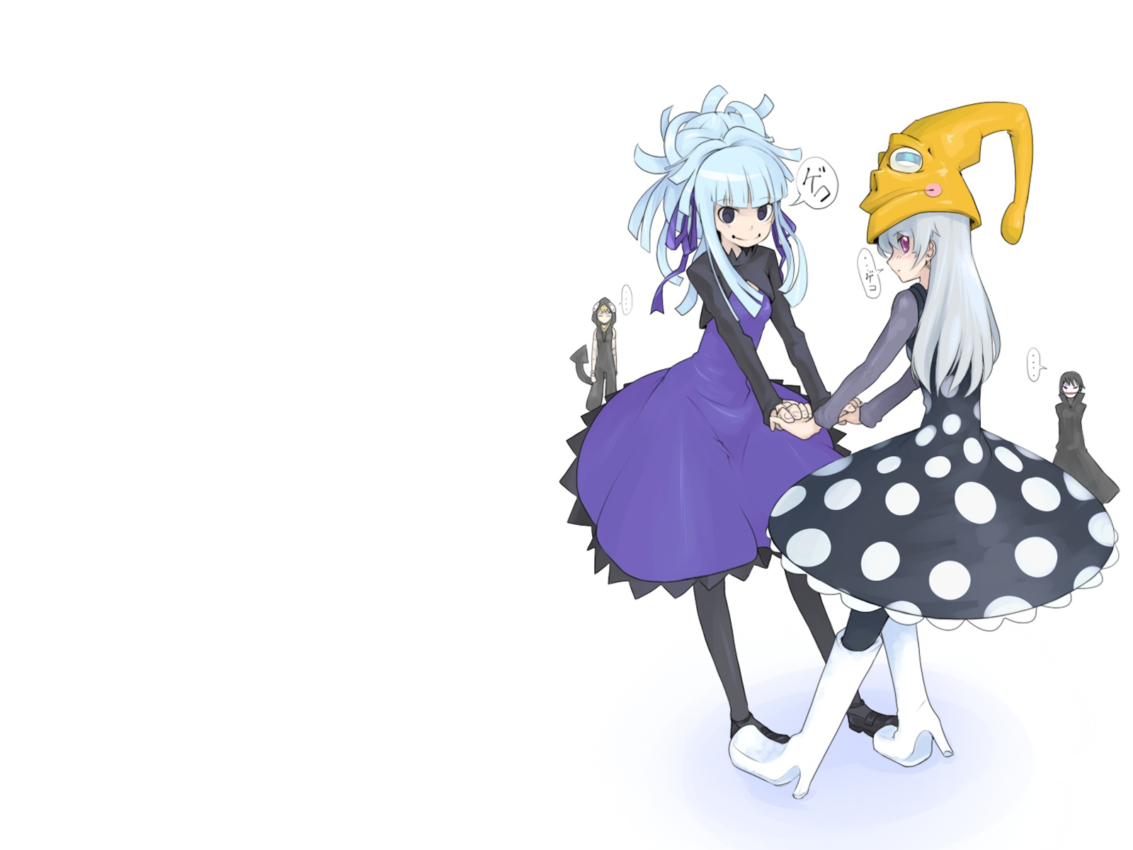 oso (toolate), eruka frog, fukuen misato, hei (darker than black), medusa gorgon, yin (darker than black), darker than black, soul eater, highres, 1boy, 3girls, black hair, blue eyes, blue hair, boots, cosplay, costume switch, crossover, dress, eruka frog (cosplay), hair ribbon, hat, long hair, multiple girls, pantyhose, parody, polka dot, purple dress, purple eyes, ribbon, smile, snake hair, thighhighs, voice actor connection, white hair, yin (cosplay)