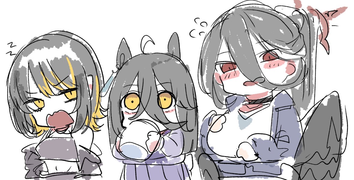 kawamochi (kawauti919), hasumi (blue archive), hasumi (track) (blue archive), ikaruga luca, manhattan cafe (umamusume), blue archive, idolmaster, idolmaster shiny colors, umamusume, commentary request, 3girls, black hair, black jacket, black skirt, black wings, blonde hair, blue jacket, breasts, chibi, crossover, feathered wings, flying sweatdrops, gym shirt, hair between eyes, halo, jacket, large breasts, long hair, multicolored hair, multiple crossover, multiple girls, navel, open mouth, pleated skirt, ponytail, purple shirt, purple skirt, red eyes, school uniform, shirt, simple background, sketch, skirt, streaked hair, tracen school uniform, track jacket, v-shaped eyebrows, very long hair, wavy mouth, white background, white shirt, wings, yellow eyes