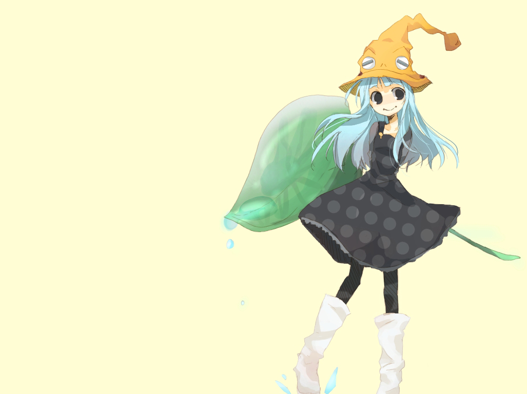 eruka frog, soul eater, beige background, 00s, 1girl, black dress, blue hair, blush, dress, female focus, hat, head tilt, long sleeves, looking at viewer, pantyhose, red eyes, sidelocks, simple background, solo, tassel, witch hat, yellow background