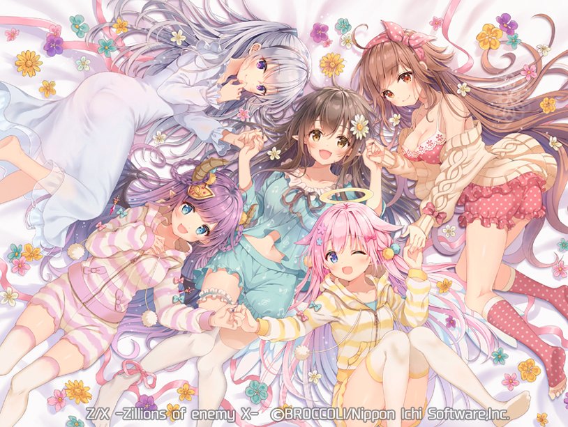 serino itsuki, uglykao, z/x, official art, 5girls, aqua eyes, aqua shirt, aqua shorts, bed sheet, black hair, blue eyes, bow, bow hairband, braid, braided hair rings, breasts, brown eyes, brown hair, brown horns, brown sweater, camisole, cleavage, closed mouth, copyright notice, demon horns, demon wings, dress, flower, frilled thigh strap, grey dress, grey hair, hair bow, hair flower, hair ornament, hair rings, hairband, halo, horns, jacket, long hair, looking at viewer, lying, marie (z/x), multiple girls, navel, nu (z/x), on back, one eye closed, open mouth, pajamas, pecteilis, pink bow, pink hair, pointy ears, polka dot, polka dot camisole, polka dot hairband, polka dot shorts, polka dot thighhighs, prism (z/x), purple eyes, purple hair, shirt, shorts, smile, striped clothes, striped jacket, striped shorts, sweater, sweater partially removed, thigh strap, thighhighs, traditional halo, ugly (z/x), white thighhighs, wings, yellow eyes