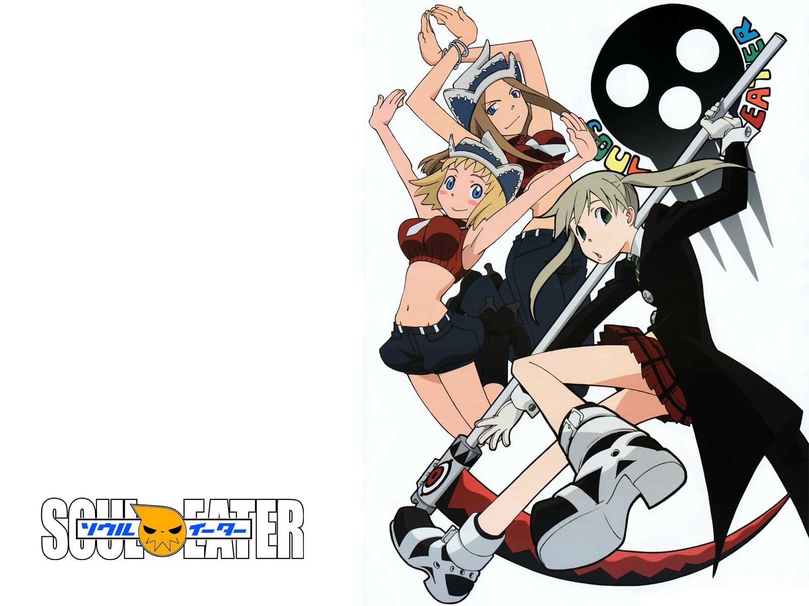 komori kaori, elizabeth thompson, maka albarn, patricia thompson, soul eater, platform footwear, silver hair, highres, official art, official wallpaper, 00s, 3girls, :o, ankle boots, arm up, armpits, arms up, bare shoulders, belt, blonde hair, blue eyes, blush, blush stickers, boots, bracelet, breasts, brown hair, buckle, buttons, coat, copyright name, crop top, crossed arms, denim, denim shorts, flat chest, floating hair, foreshortening, gloves, green eyes, hat, high heels, holding, jeans, jewelry, jumping, knee boots, large breasts, leg lift, liz thompson, long coat, long hair, long sleeves, looking at viewer, looking back, midriff, miniskirt, multiple girls, necktie, open mouth, outstretched arm, outstretched arms, over shoulder, pants, patty thompson, plaid clothes, plaid skirt, pleated skirt, profile, ribbed sweater, scythe, shoes, short hair, short shorts, shorts, siblings, sidelocks, simple background, sisters, skirt, skull, sleeve cuffs, sleeveless, sleeveless turtleneck, smile, stitches, sweater, turtleneck, twintails, weapon, weapon over shoulder, white background, white gloves