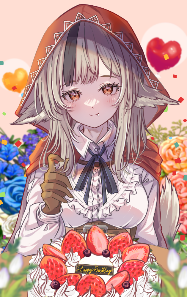 fuussu (21-kazin), velouria (fire emblem), fire emblem, fire emblem fates, nintendo, commentary request, 1girl, animal ears, birthday cake, black hair, black ribbon, blue flower, blue rose, breasts, brown gloves, cake, cape, confetti, english text, fang, flower, food, fruit, gloves, grey hair, happy birthday, hood, hood down, hooded cape, long hair, looking at viewer, medium breasts, multicolored hair, neck ribbon, orange flower, orange rose, red cape, red eyes, ribbon, rose, shirt, solo, strawberry, streaked hair, white shirt, wolf ears, wolf girl