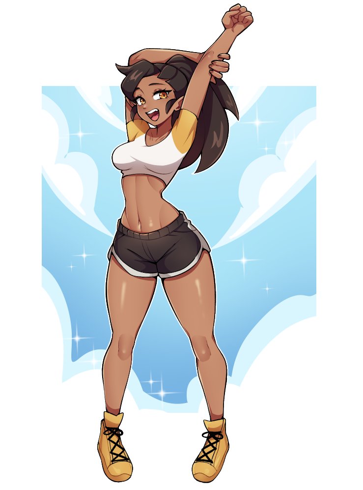 oninuer, original, commentary, commission, english commentary, 1girl, arms up, black hair, black shorts, blue background, border, breasts, brown eyes, crop top, cropped shirt, dark-skinned female, dark skin, dolphin shorts, full body, knees, long hair, looking at viewer, medium breasts, navel, open mouth, outside border, shirt, shoes, short shorts, short sleeves, shorts, smile, solo, standing, stomach, stretching, toned, toned female, white border, white shirt, yellow shoes