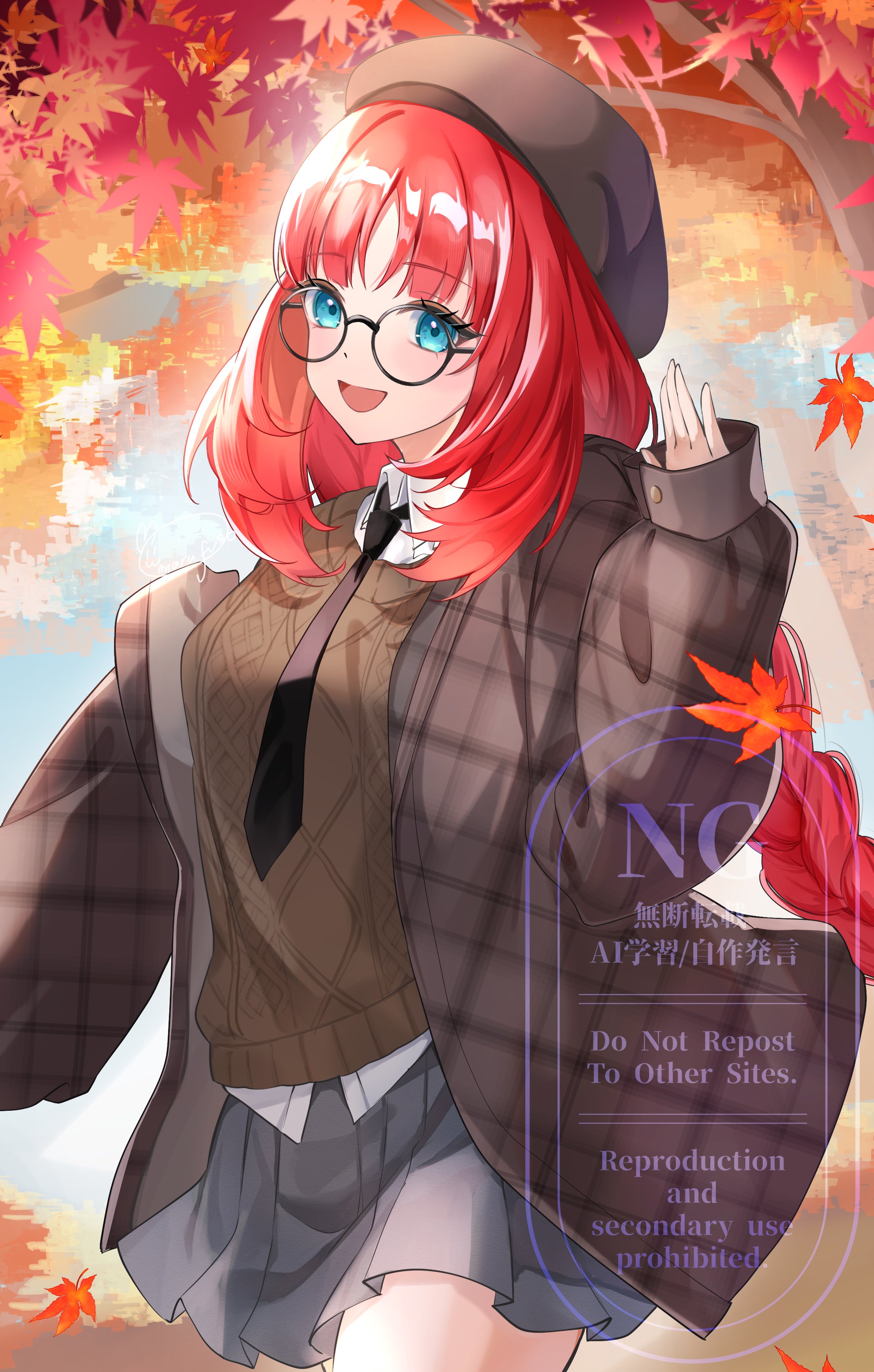 marufus, nilou (genshin impact), genshin impact, absurdres, commentary, highres, 1girl, :d, alternate costume, autumn leaves, bespectacled, black necktie, blue eyes, brown hat, brown jacket, brown sweater vest, collared shirt, glasses, hand up, hat, jacket, leaf, long hair, necktie, open clothes, open jacket, open mouth, outdoors, red hair, round eyewear, shirt, smile, solo, sweater vest, very long hair, watermark, white shirt