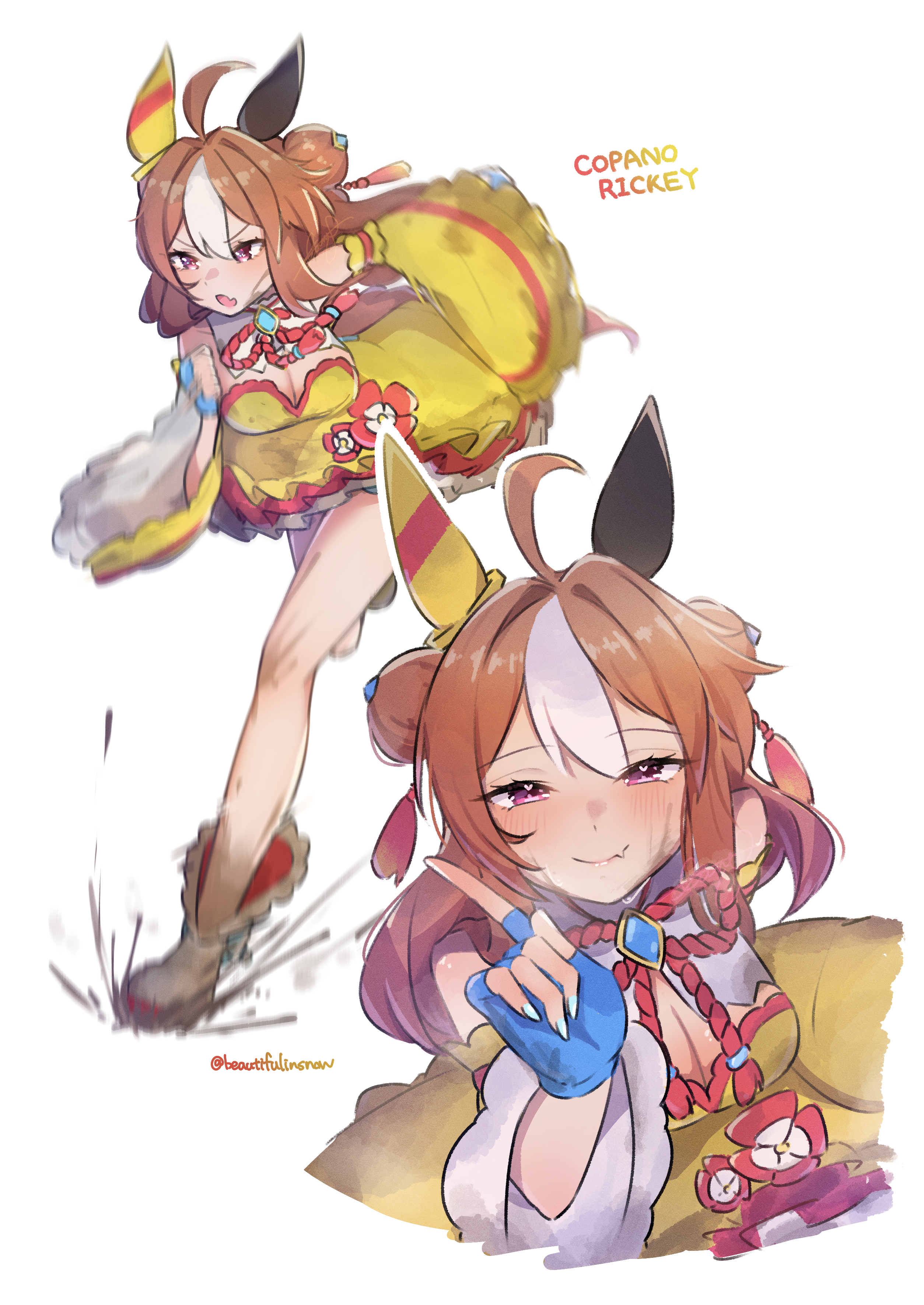 beautifulinsnow, copano rickey (umamusume), copano rickey (yin-yang bagua lucky costume) (umamusume), umamusume, absurdres, commentary request, highres, 1girl, ahoge, animal ears, blue gloves, blush, breasts, brown hair, cleavage, closed mouth, detached sleeves, double bun, dress, ear covers, ear ornament, fang, fingerless gloves, flower, gloves, hair between eyes, hair bun, hair ornament, horse ears, horse girl, horse tail, large breasts, long hair, looking at viewer, multicolored hair, open mouth, purple eyes, simple background, skin fang, smile, streaked hair, tail, tassel, tassel hair ornament, white background, white hair, yellow dress, yellow sleeves