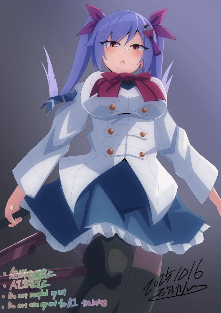 ishitsuma canon, matsumura fuuka, assault lily, commentary request, paid reward available, 1girl, arms at sides, black thighhighs, blue skirt, blush, bow, bowtie, breasts, brown pantyhose, buttons, cowboy shot, frilled skirt, frills, gradient background, grey background, hair between eyes, hair ornament, hair ribbon, herensuge girls academy school uniform, holding, holding weapon, jacket, large breasts, long hair, long sleeves, looking at viewer, looking down, miniskirt, pantyhose, parted lips, pink eyes, pink ribbon, purple hair, red bow, red bowtie, ribbon, school uniform, skirt, solo, standing, standing on one leg, tassel, tassel hair ornament, thighhighs, thighhighs over pantyhose, twintails, v-shaped eyebrows, watermark, weapon, white jacket